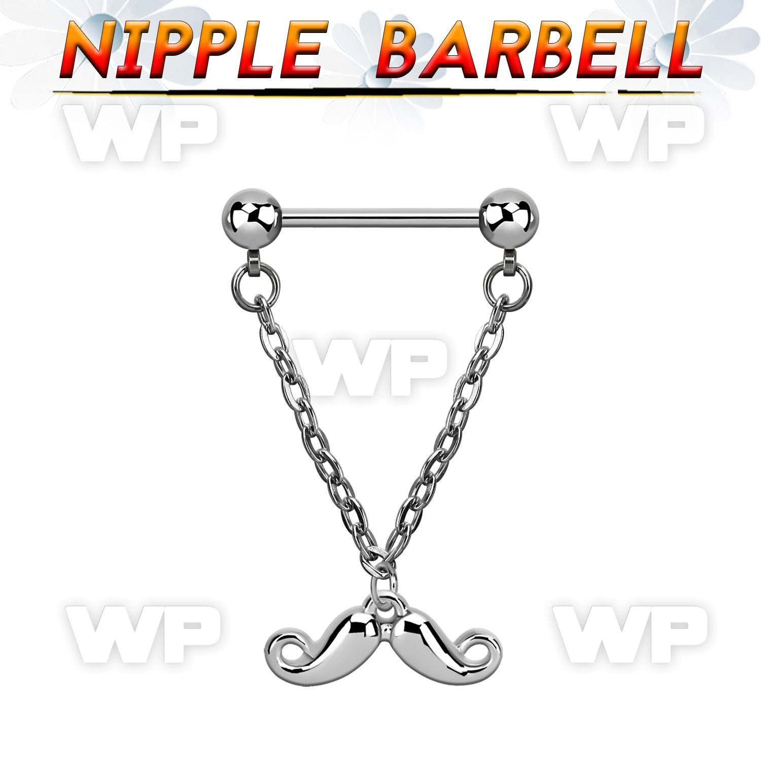 npdl38 steel nipple barbell w dangling happy mustache design
