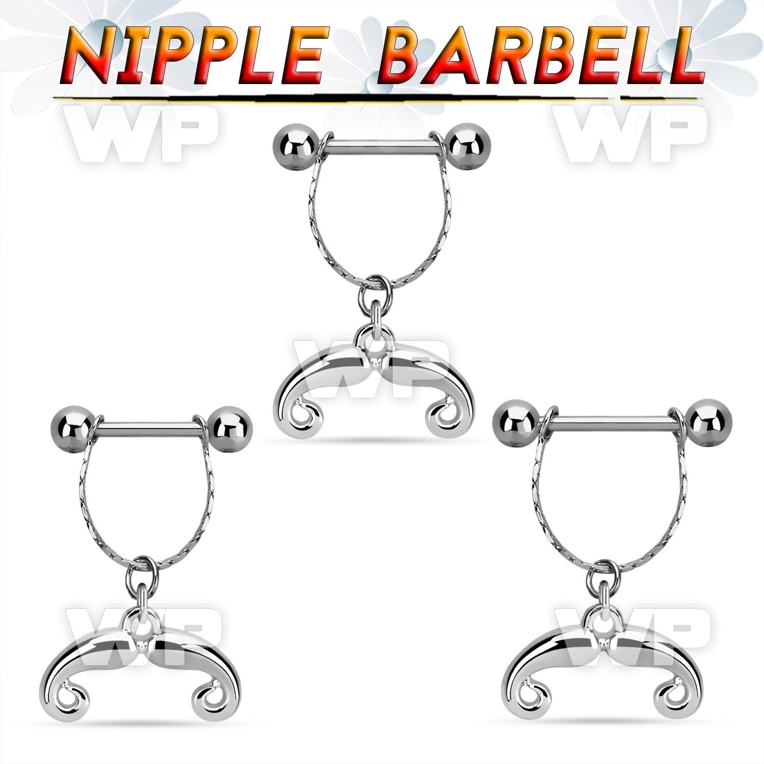 npdl39 steel nipple barbell w dangling french mustache design