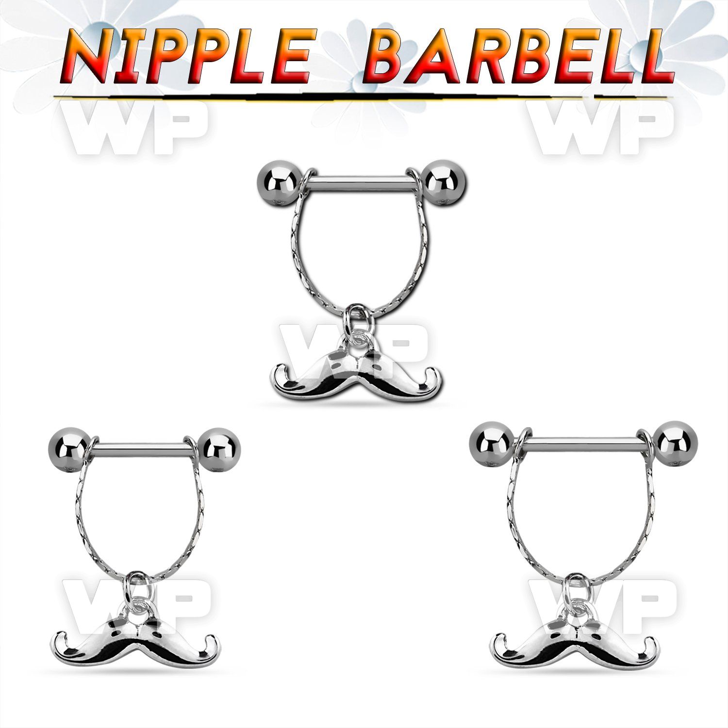 npdl40 steel nipple barbell w dangling happy mustache design