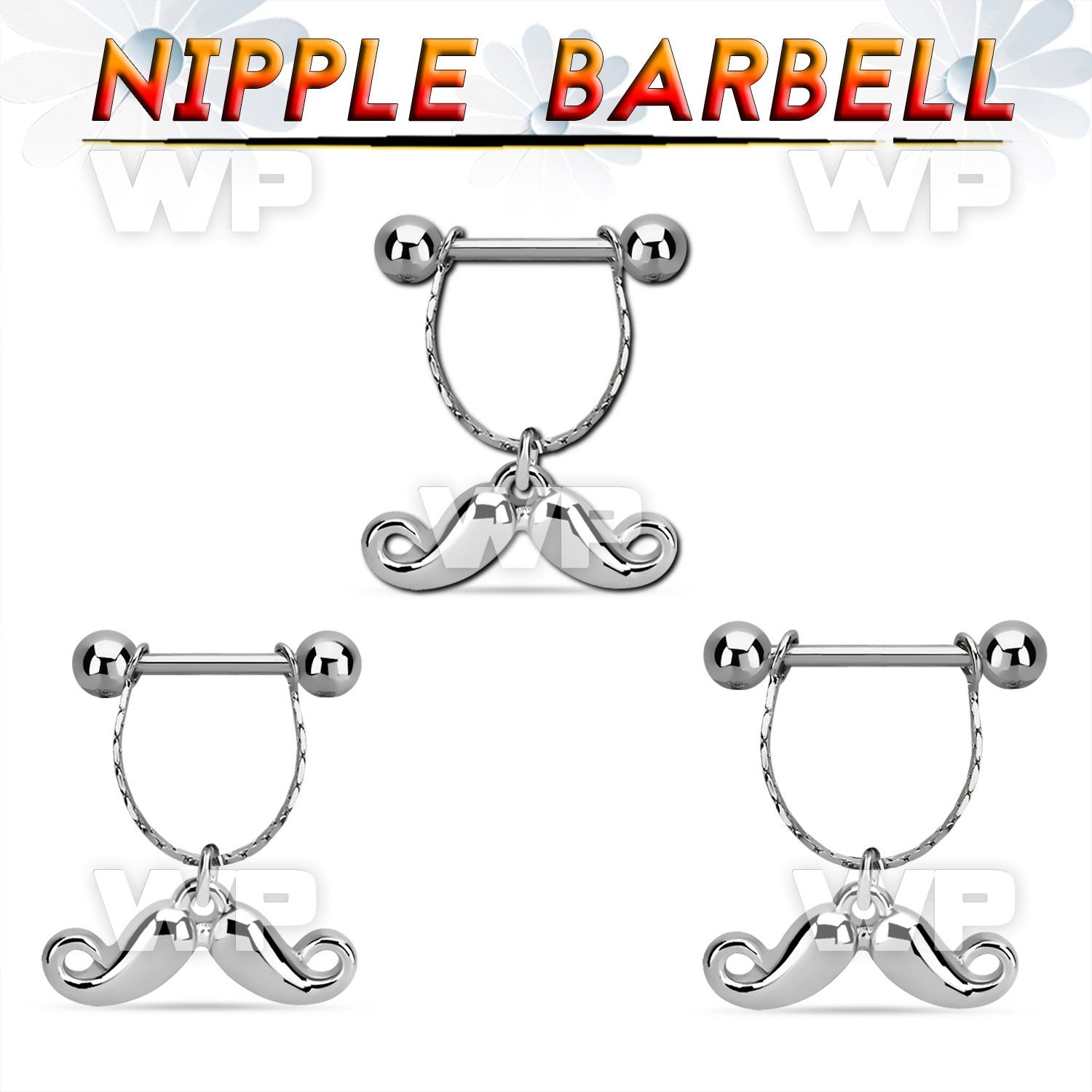 npdl41 steel nipple barbell w dangling happy mustache design