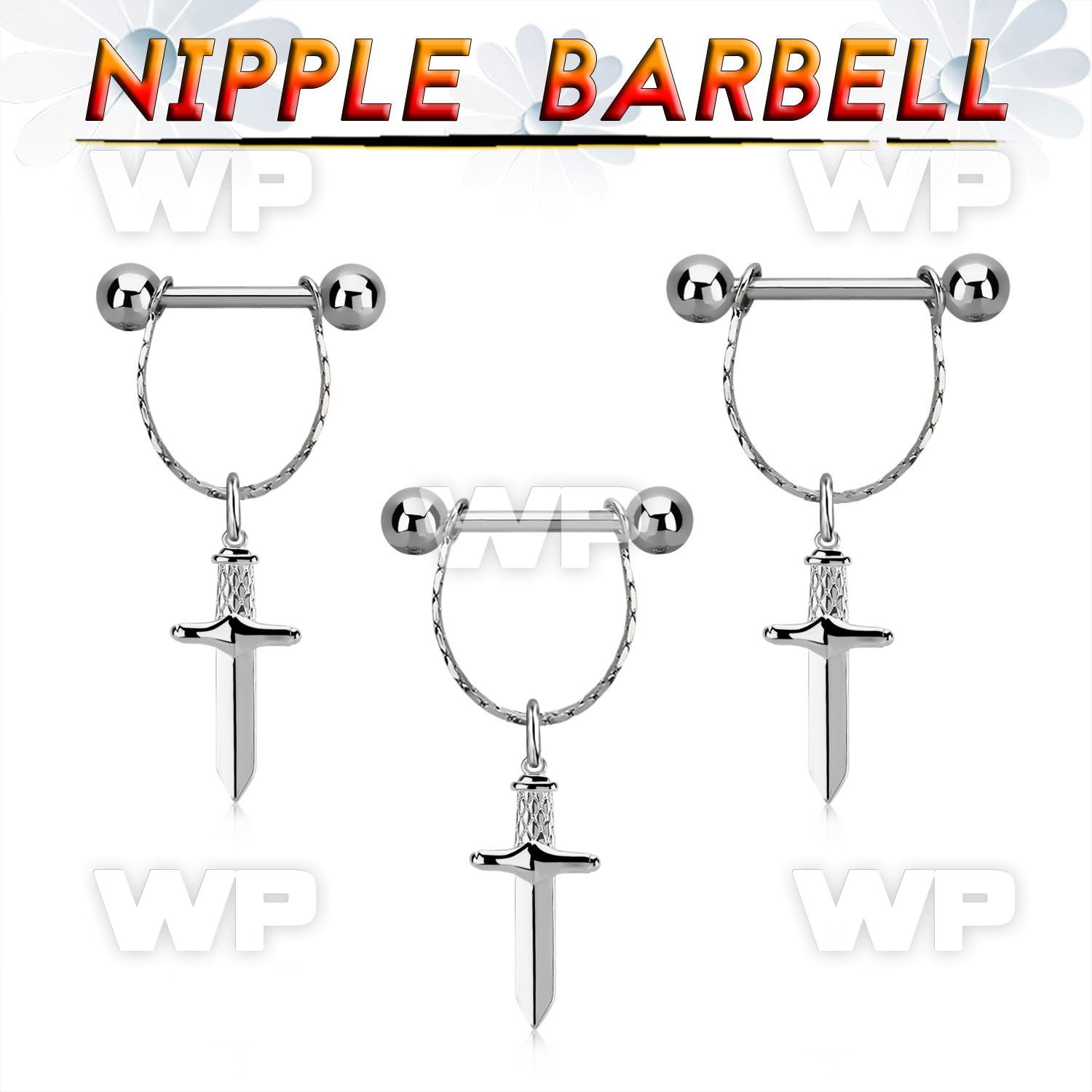 npdl47 steel nipple barbell w 5mm balls  small chain w dagger