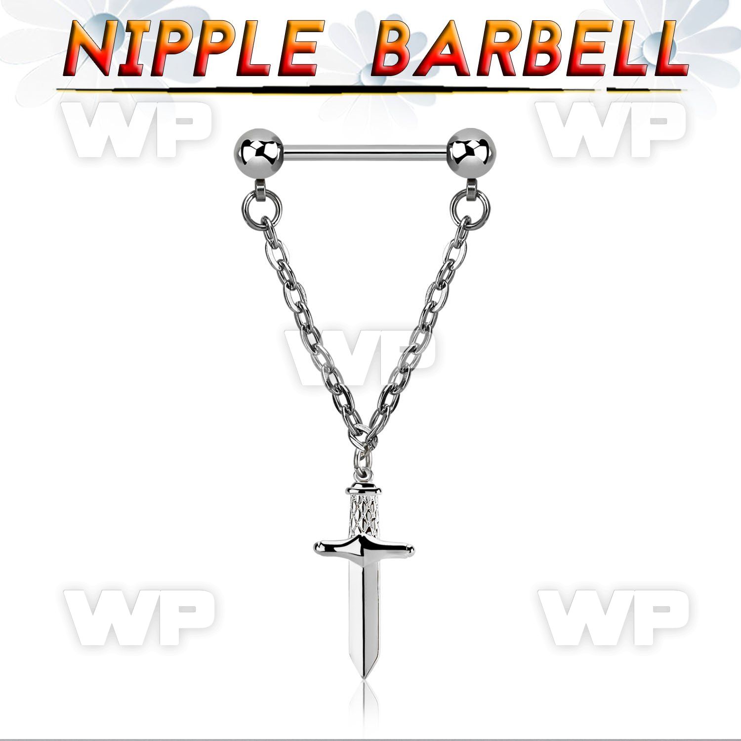 npdl48 steel nipple barbell w 5mm balls  chain w dangling crosss
