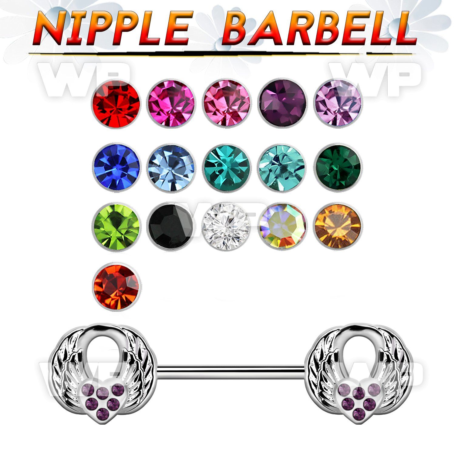 npsh24 steel nipple barbell w twin wings with crystals