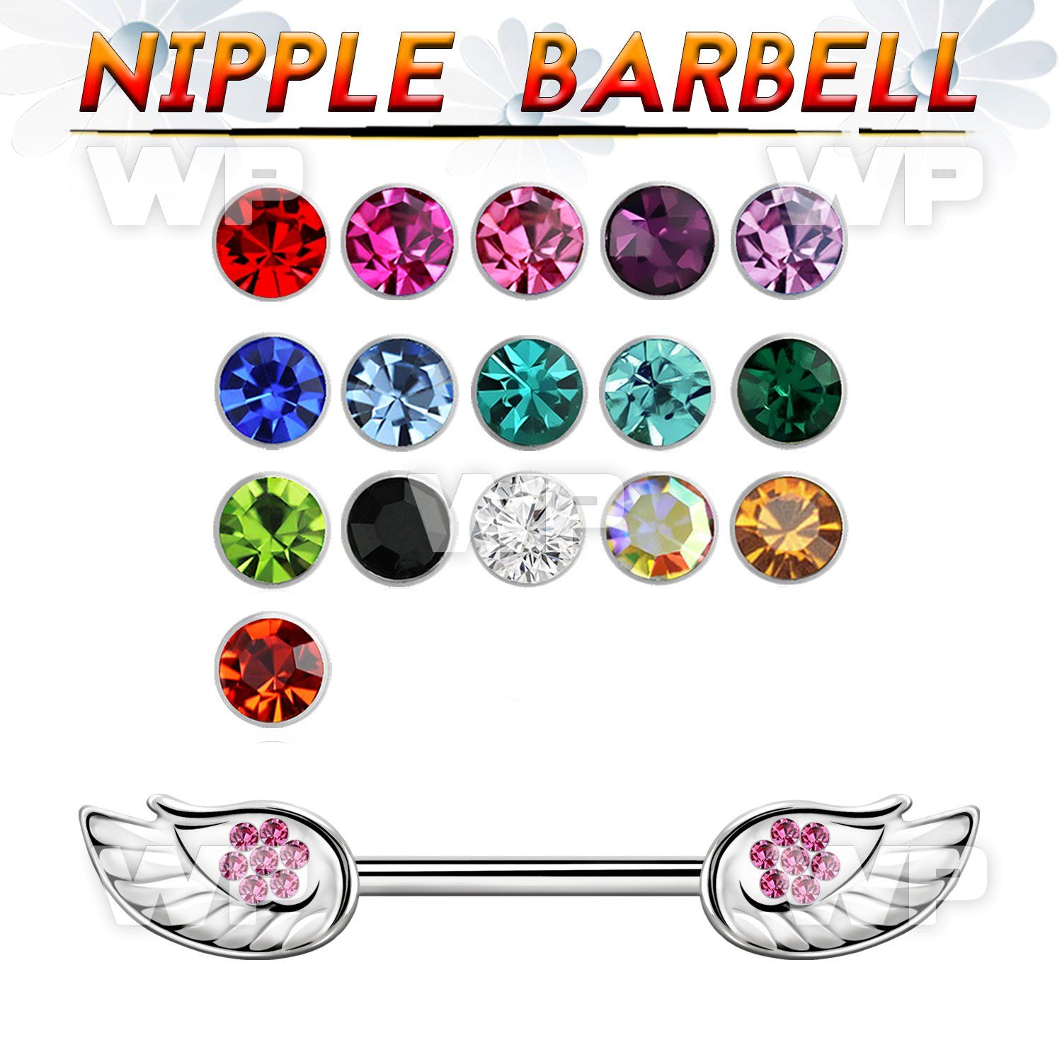 npsh25 steel nipple barbell, 14g (1.6mm) w small wing w crystal