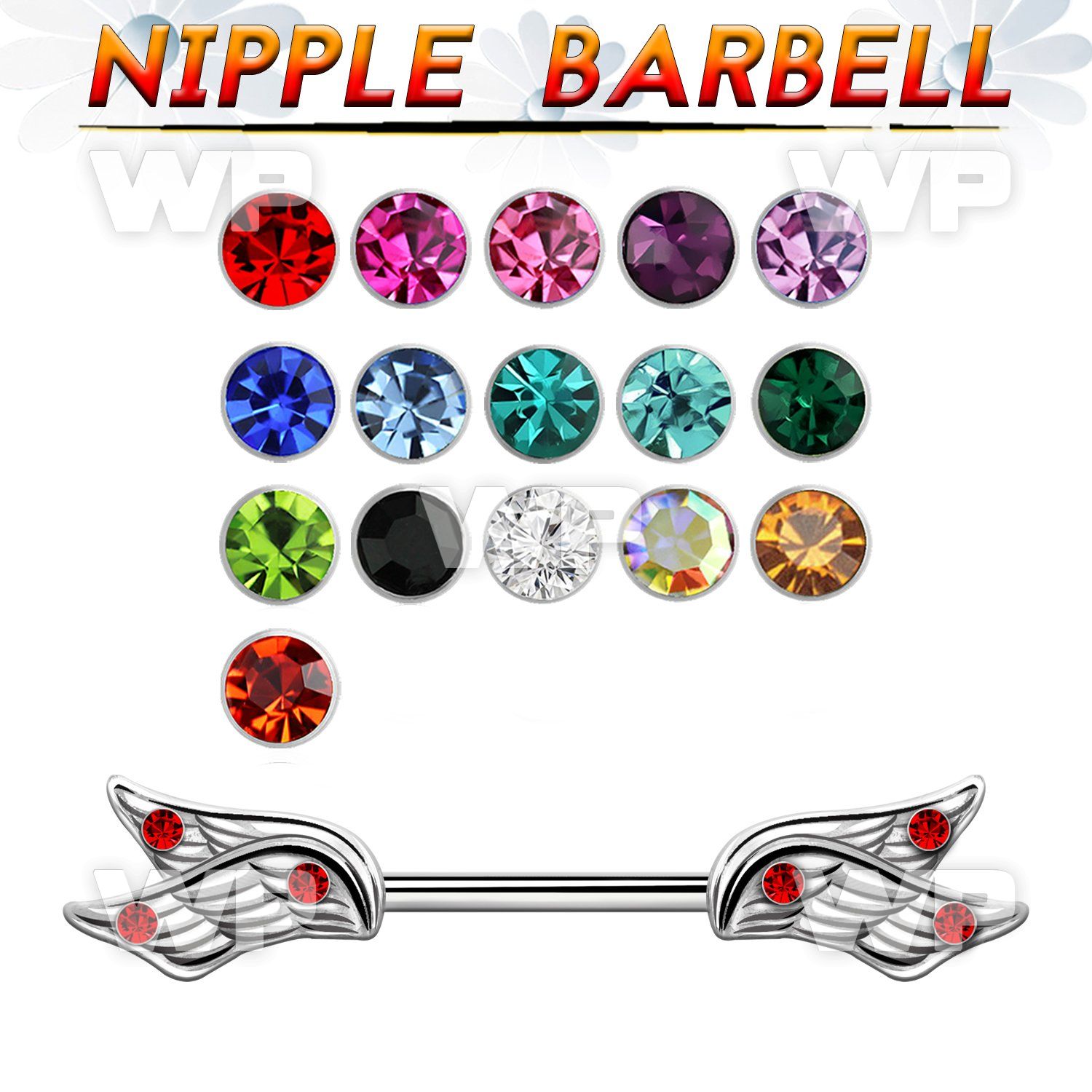 npsh26 steel nipple barbell w double wings w 3 crystals