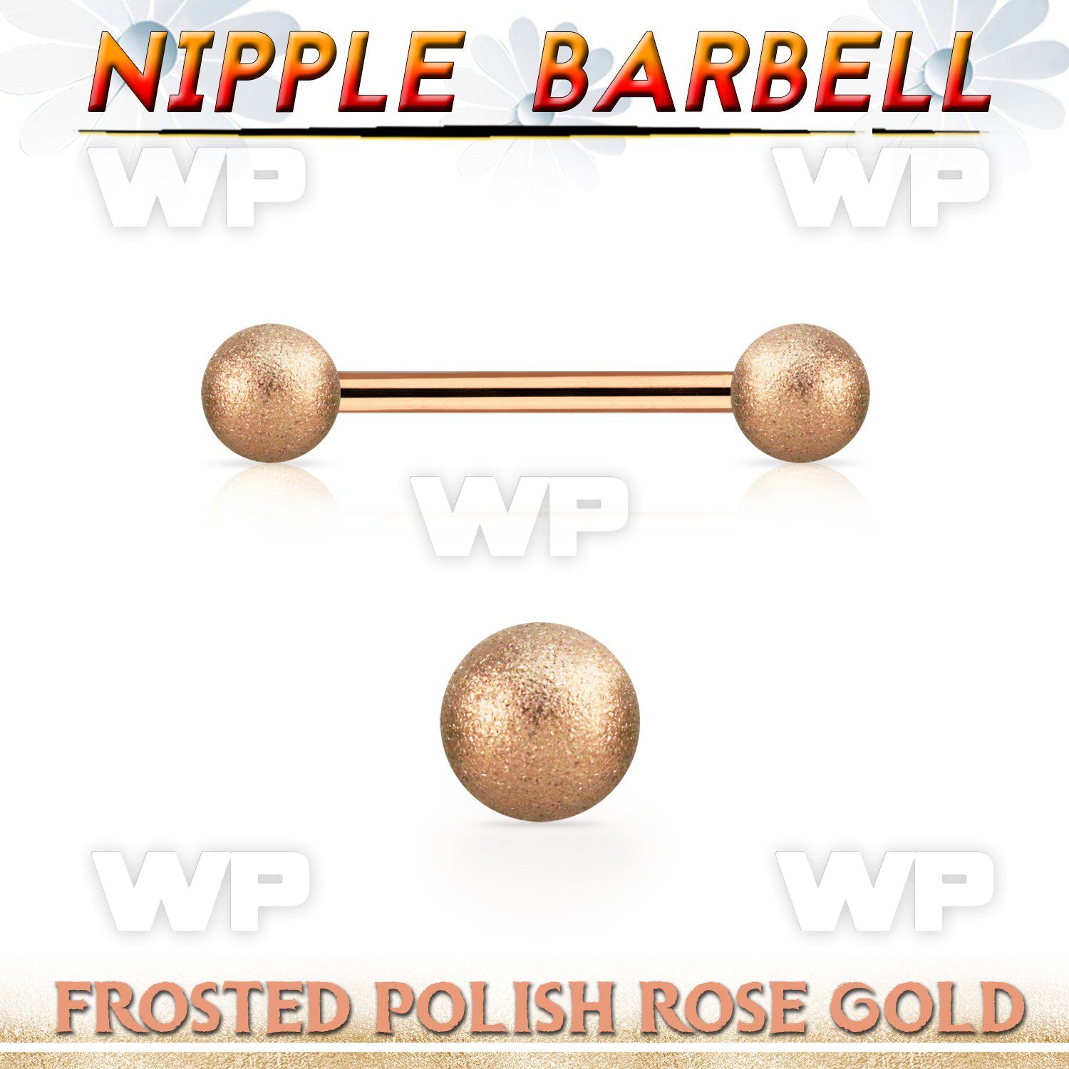 npttfo5 rose gold steel nipple barbell w 5mm frosted steel balls
