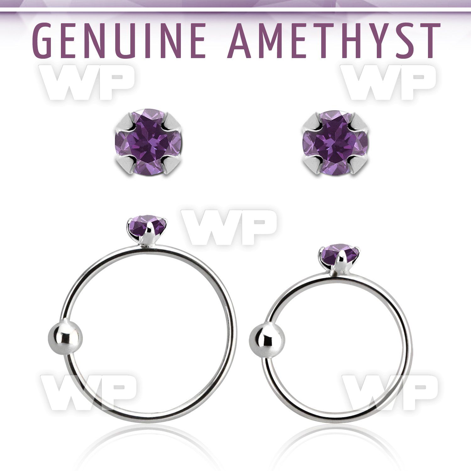 nrge1 925 silver nose hoop w 2mm prong set amethyst stone
