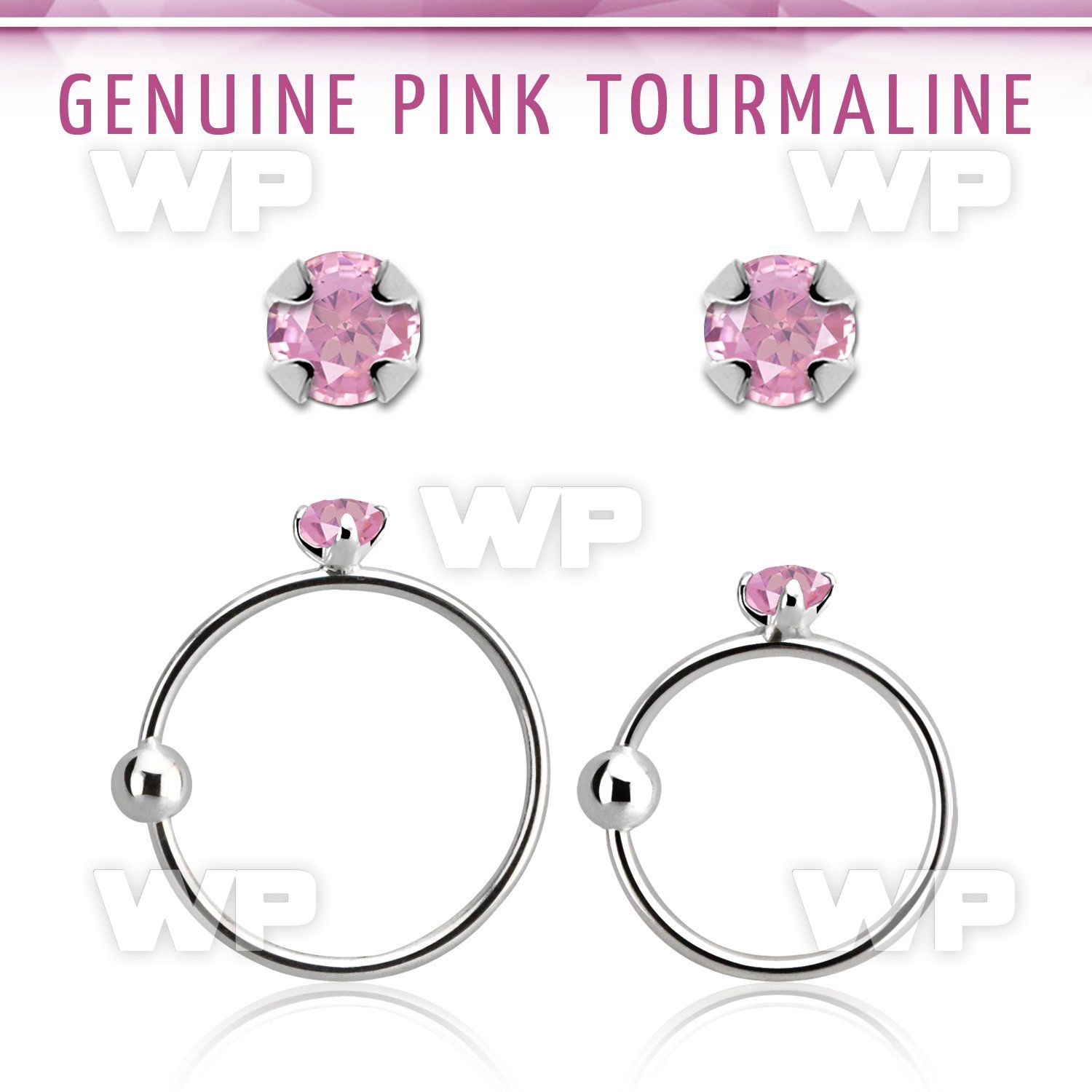 nrge3 925 silver nose hoop w prong set pink tourmaline stone