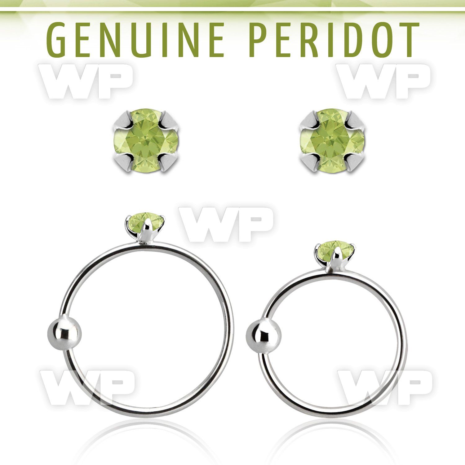 nrge4 925 silver nose hoop w 2mm prong set peridot stone