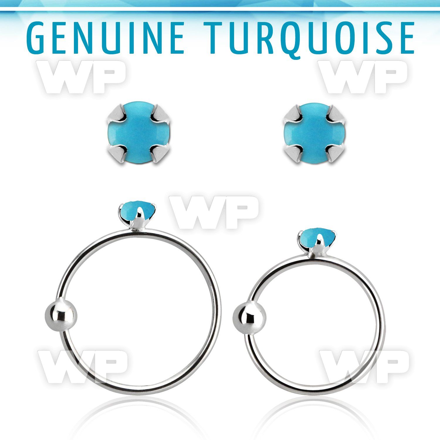 nrge7 925 silver nose hoop w 2mm round turquoise stone