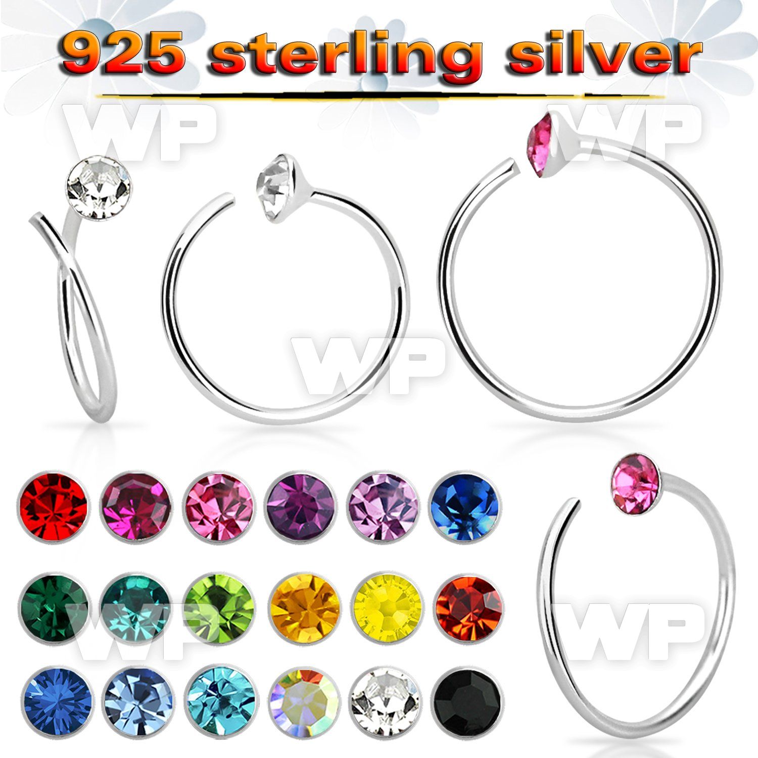 nrm14 silver nose hoop spiral w 2mm crystal top