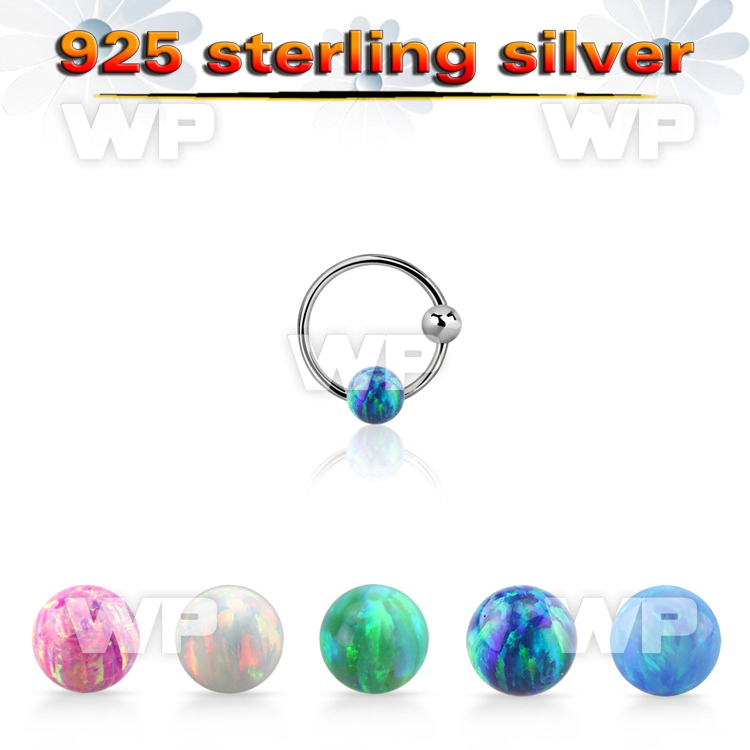 ns05o silver nose hoop w ball 3mm synthetic opal ball 8mm