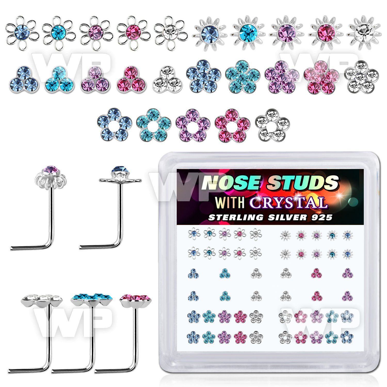 NSBXM7M box w 52 silver nose studs w flower crystal tops