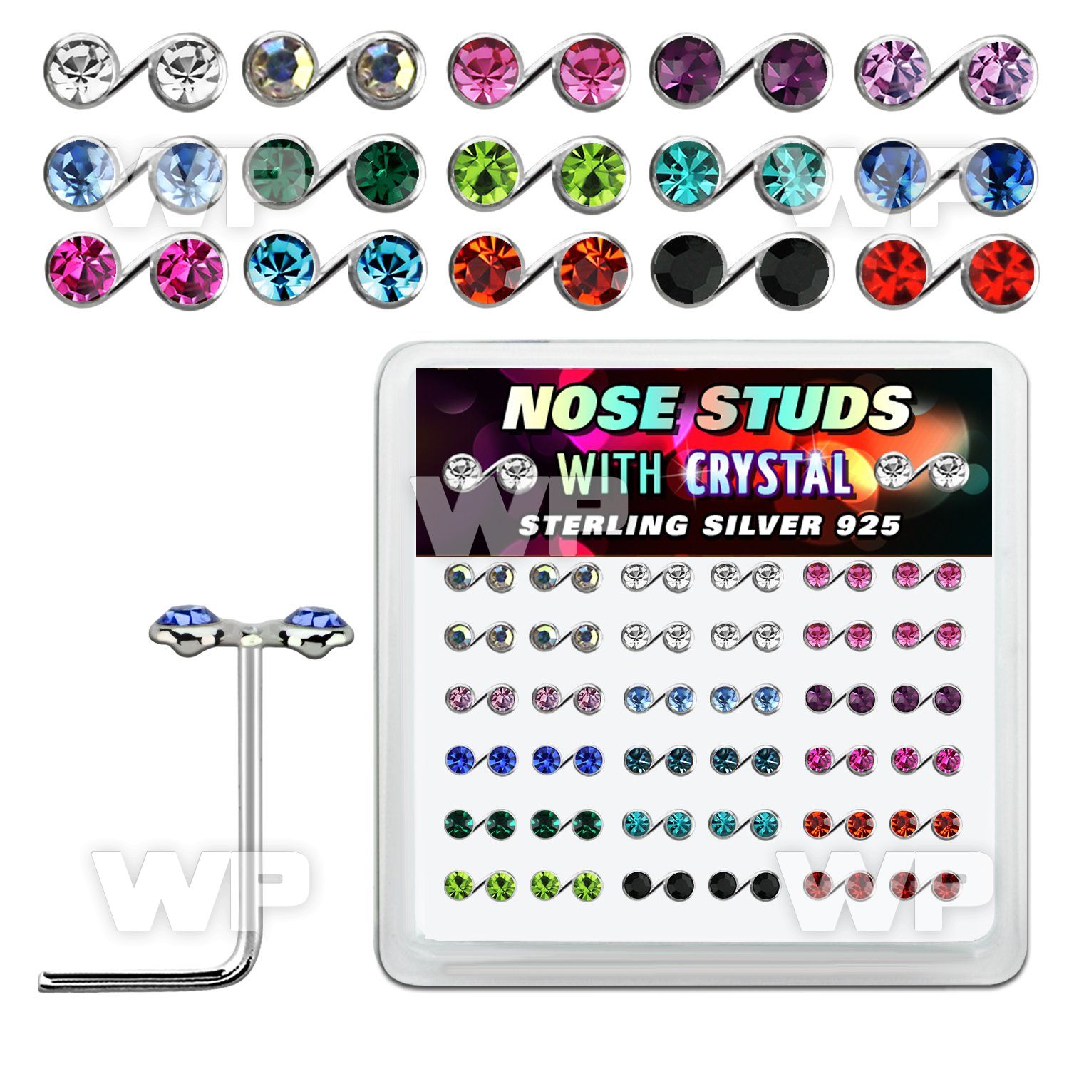 nsmsbxm box silver nose studs w music note tops w color crystal