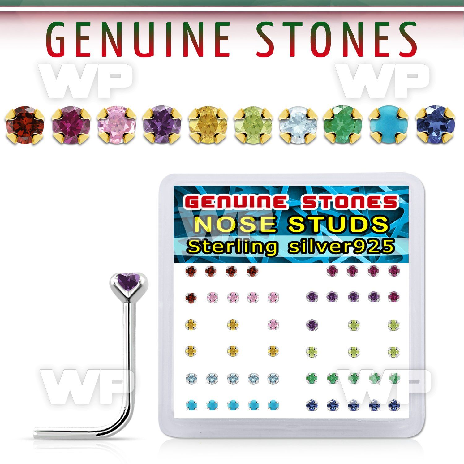 nspbxge box w silver nose studs w mixed 2mm genuine gem stones