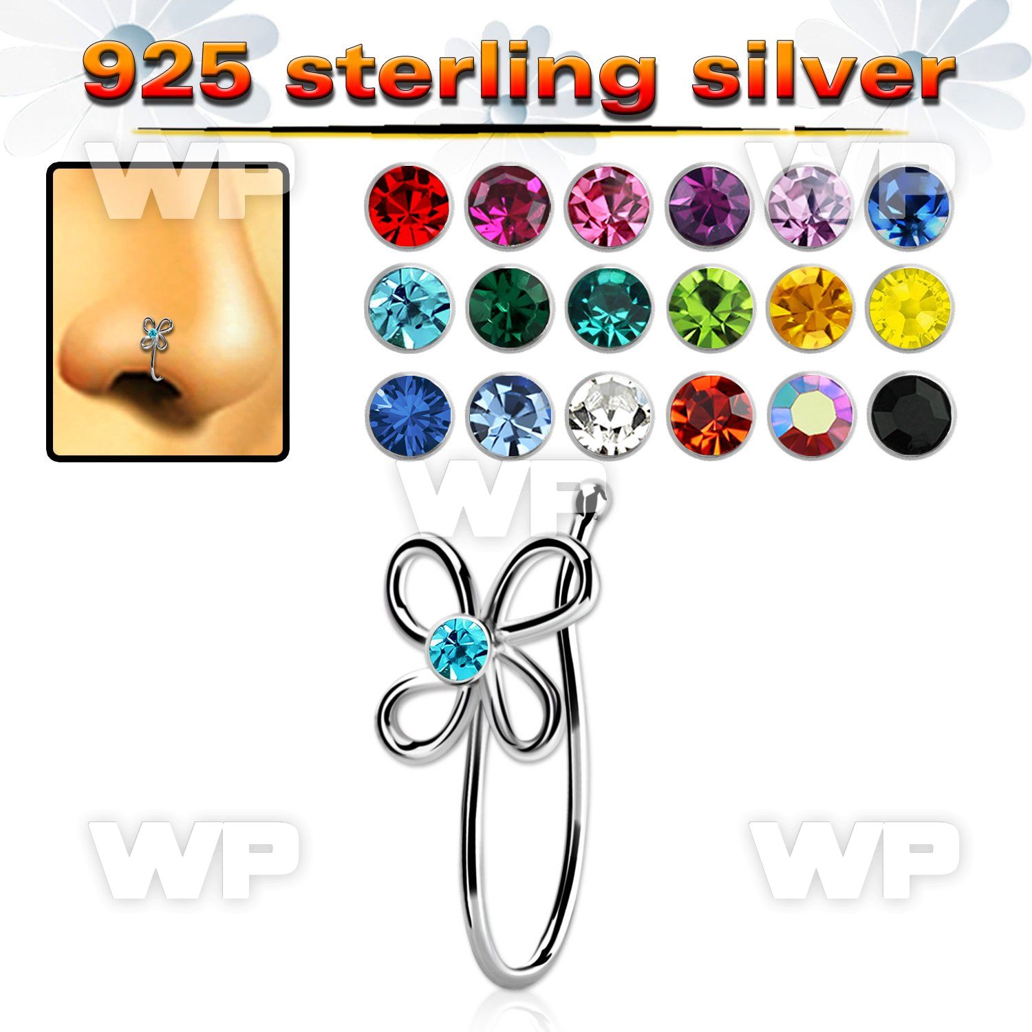 nvcl2 silver fake nose clip w wire flower w central crystal
