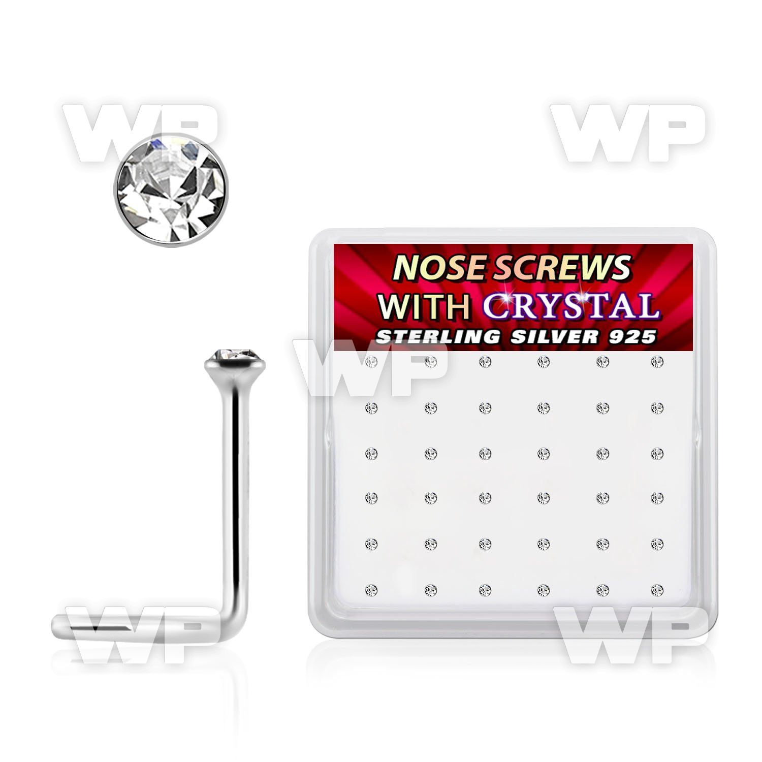 nw9cbx box of silver nose screws, 20g w 1.5mm clear crystal top