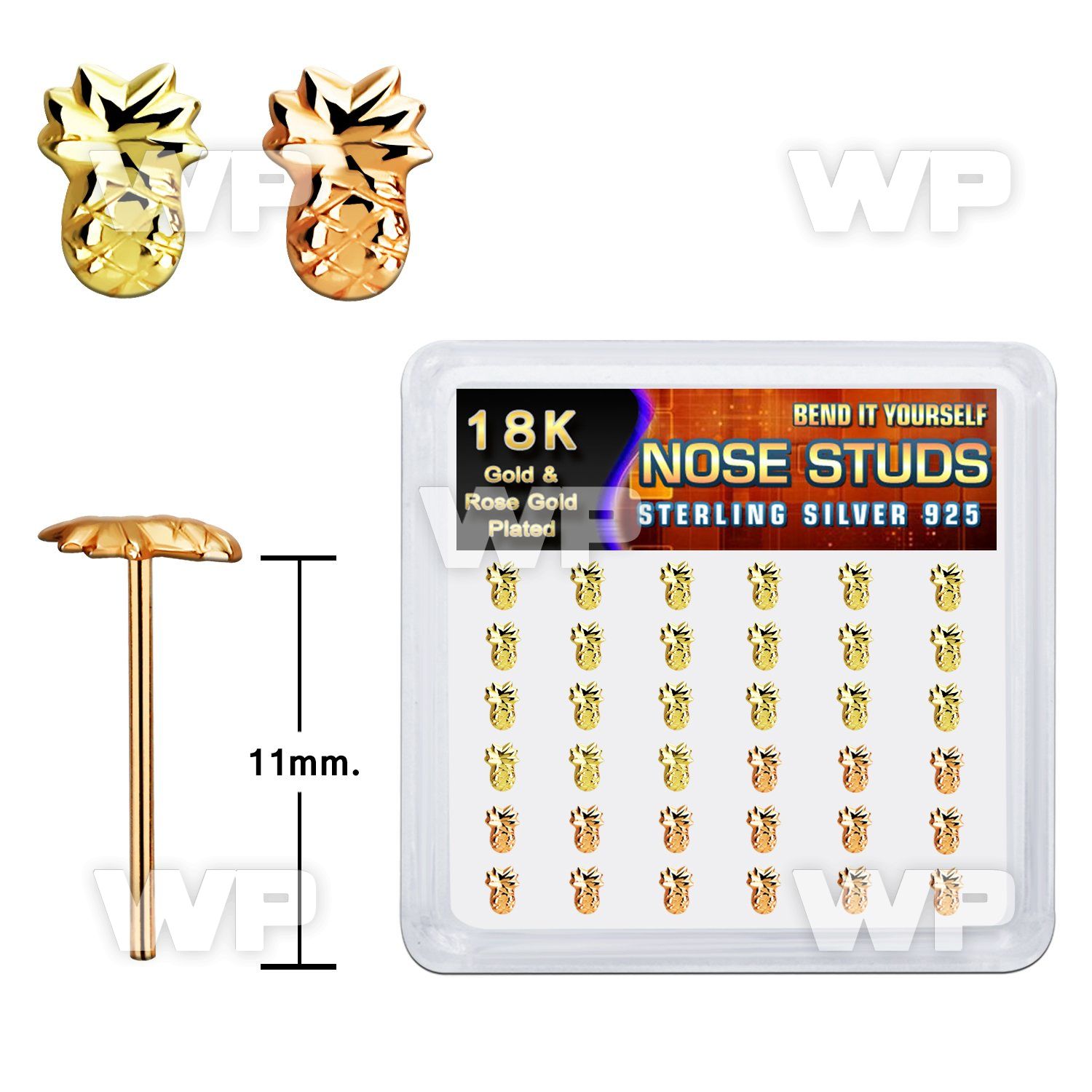 nymxpa36 box w silver bend it nose stud mix gold pineapple top