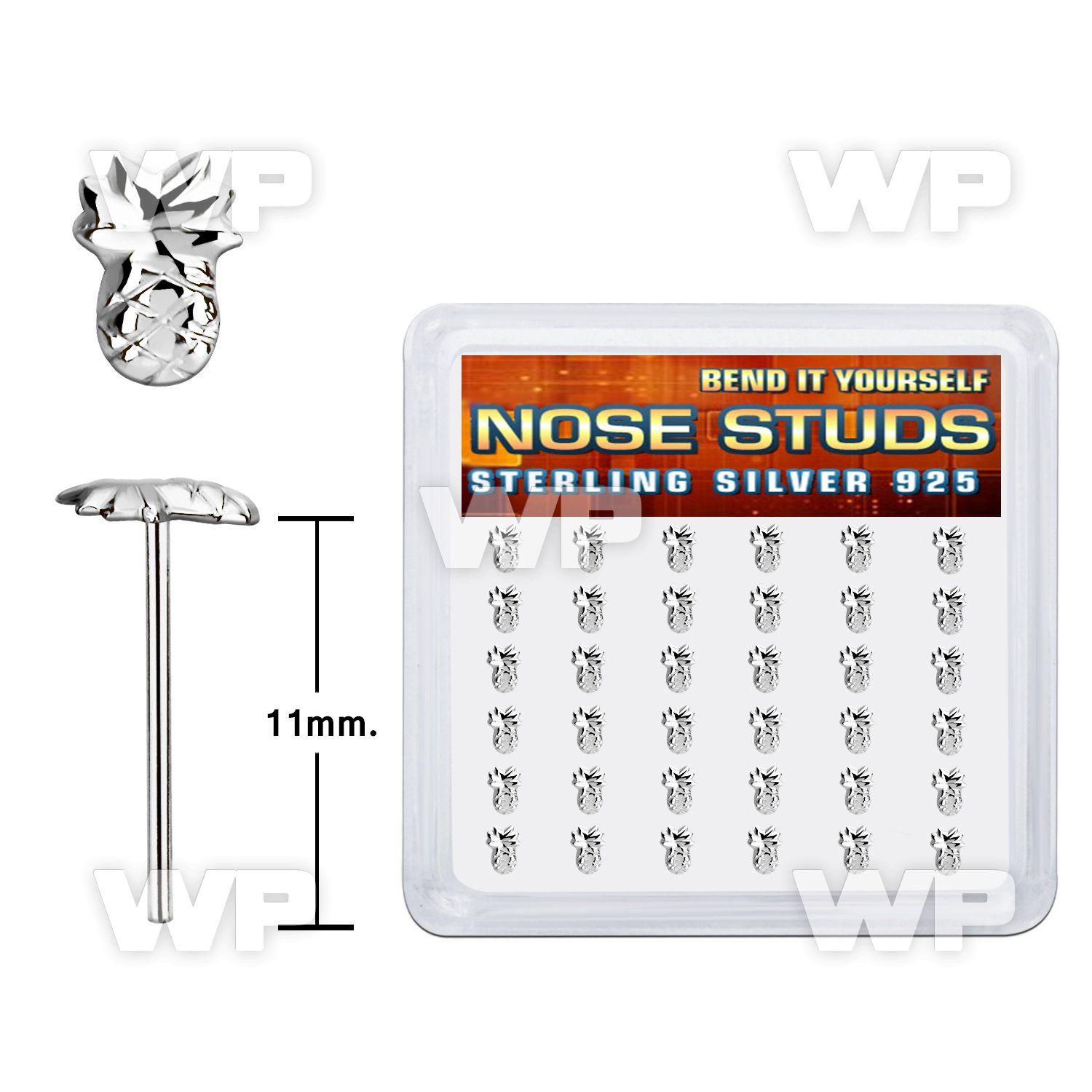 nyvpa36 display w silver bend it nose studs w a pineapple tops