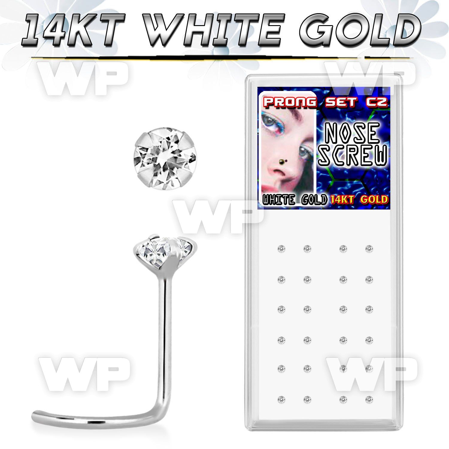oi3g6 box of 14kt white gold nose screw 2mm prong set round cle nose piercing