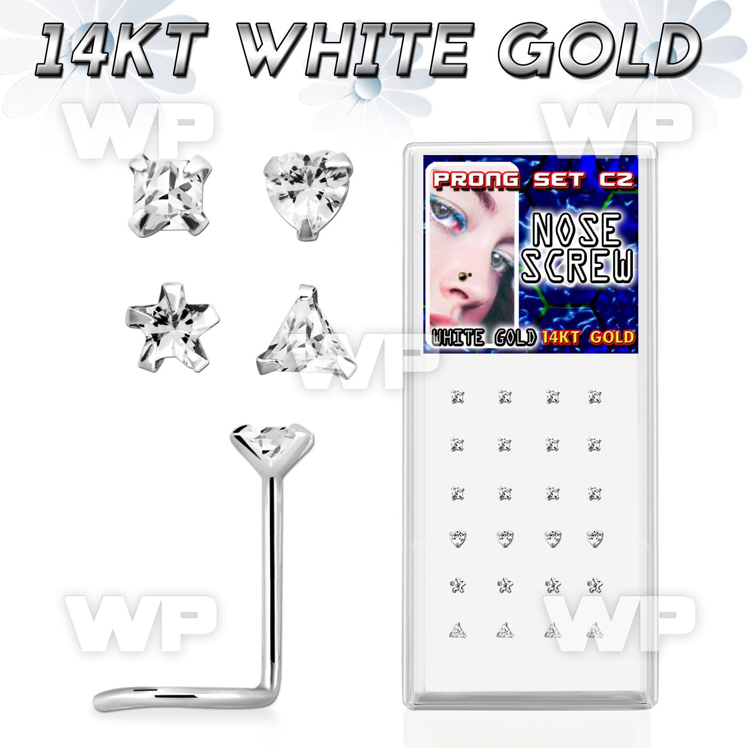 oi3gj6 box of 14kt white gold nose screw 3mm prong set cz stones nose piercing