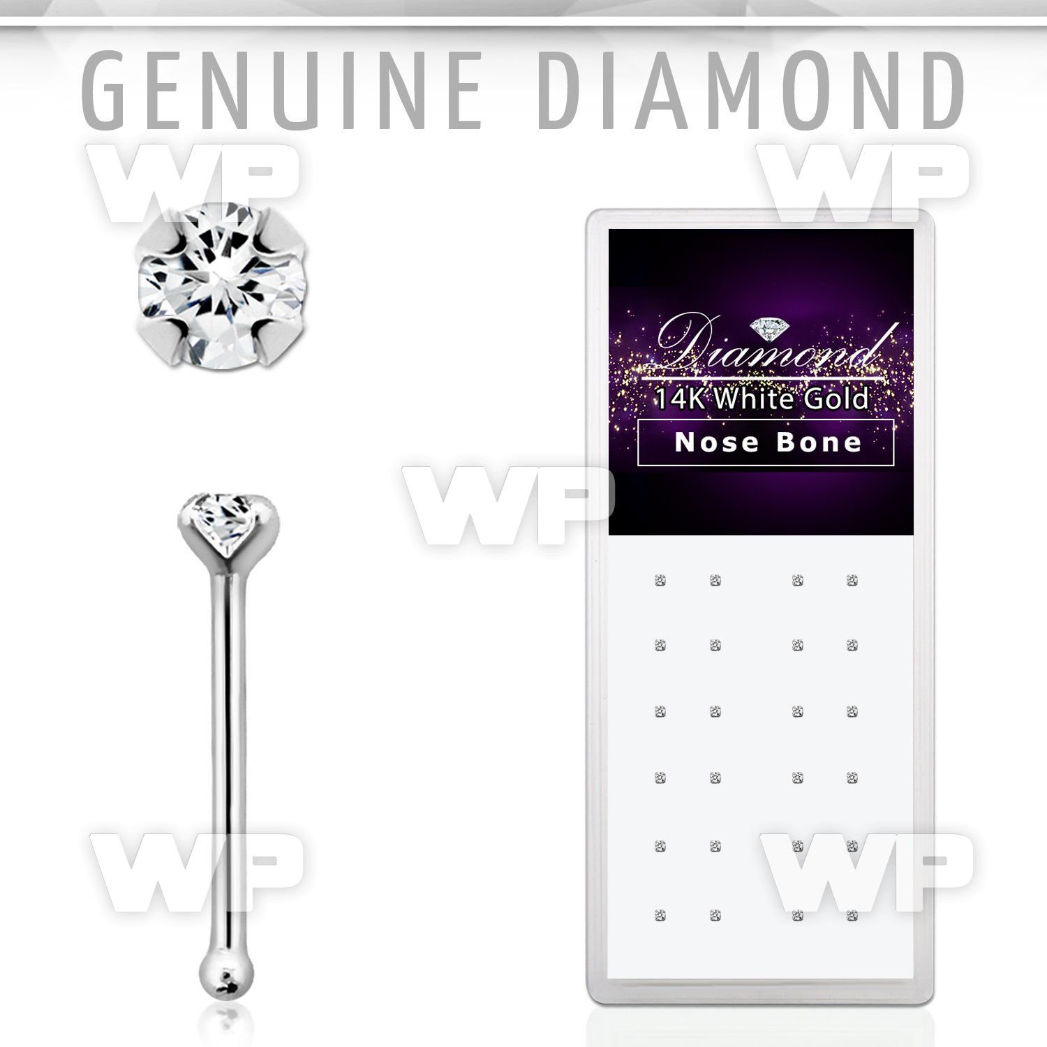 oium14 box of 14kt white gold nose bone 1 5mm prong set genuine nose piercing