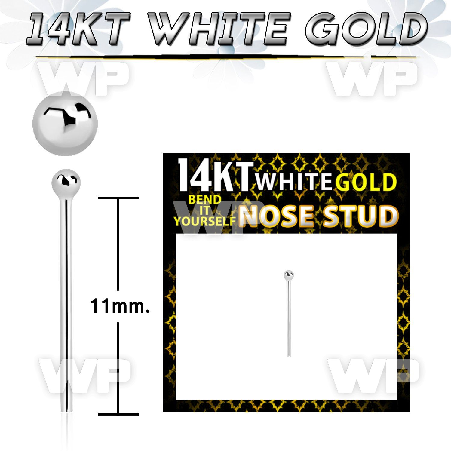 on34e 14kt white gold bend it nose stud 1 5mm ball shaped top belly piercing