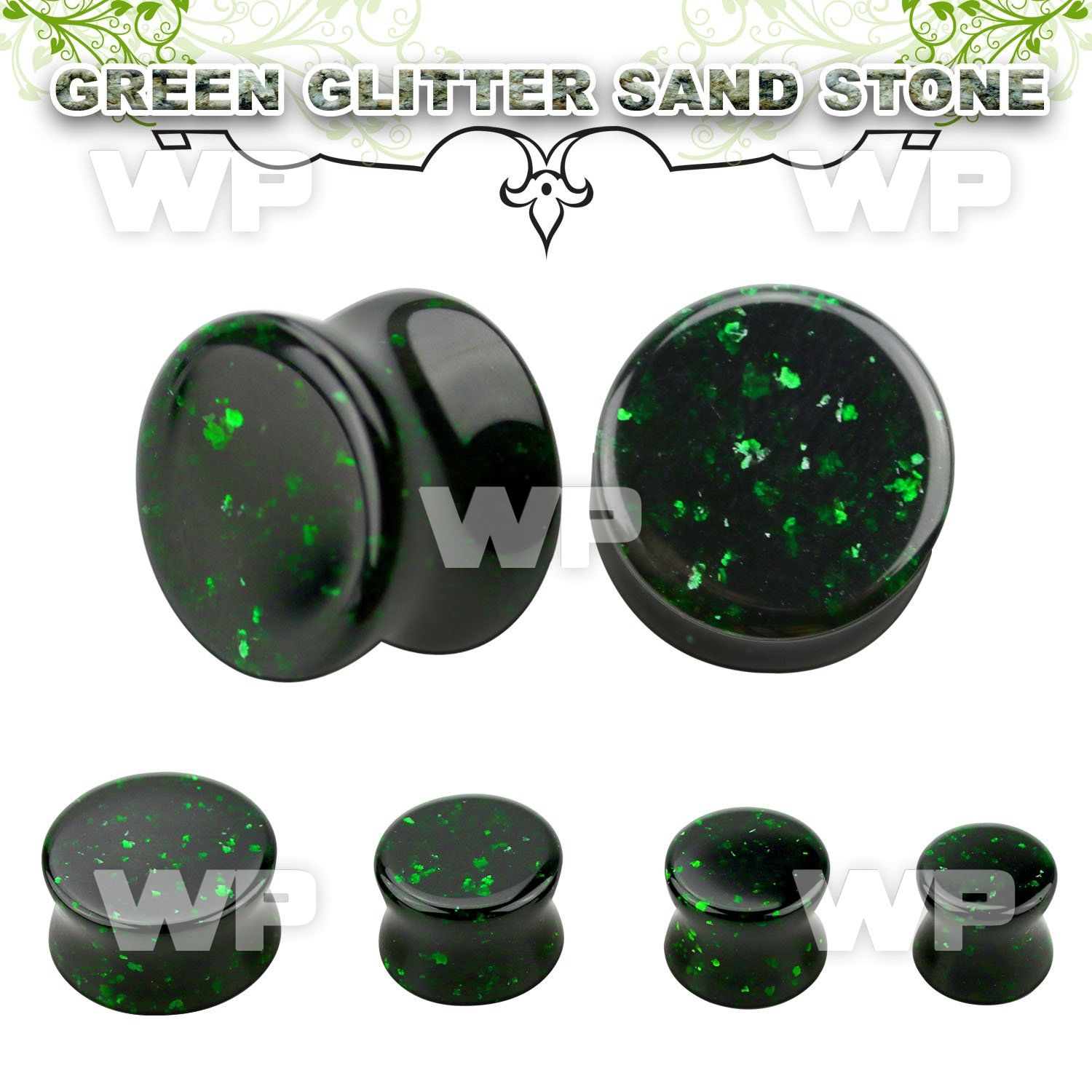 pgsgg green glitter sand stone double flared stone plug
