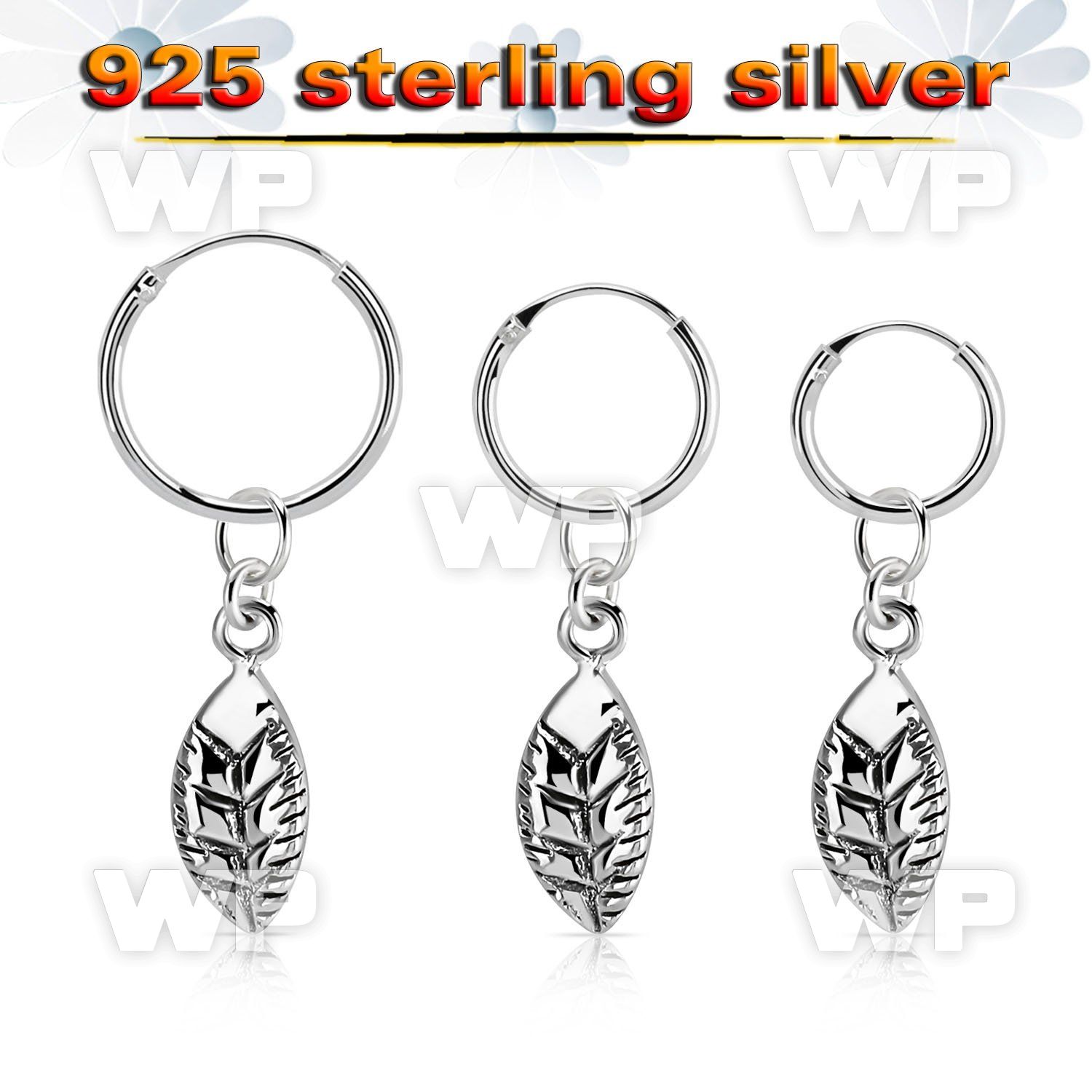 phod38 silver helix hoop earring w a silver leaf dangling