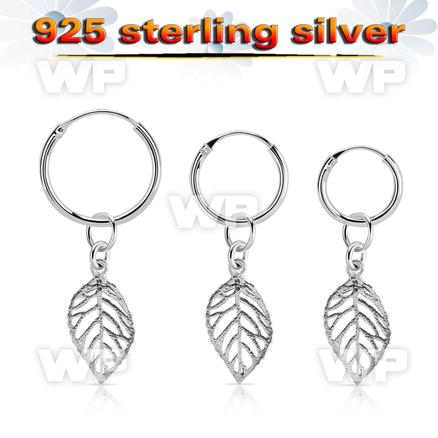 phod43 silver helix hoop earring w a silver leaf dangling