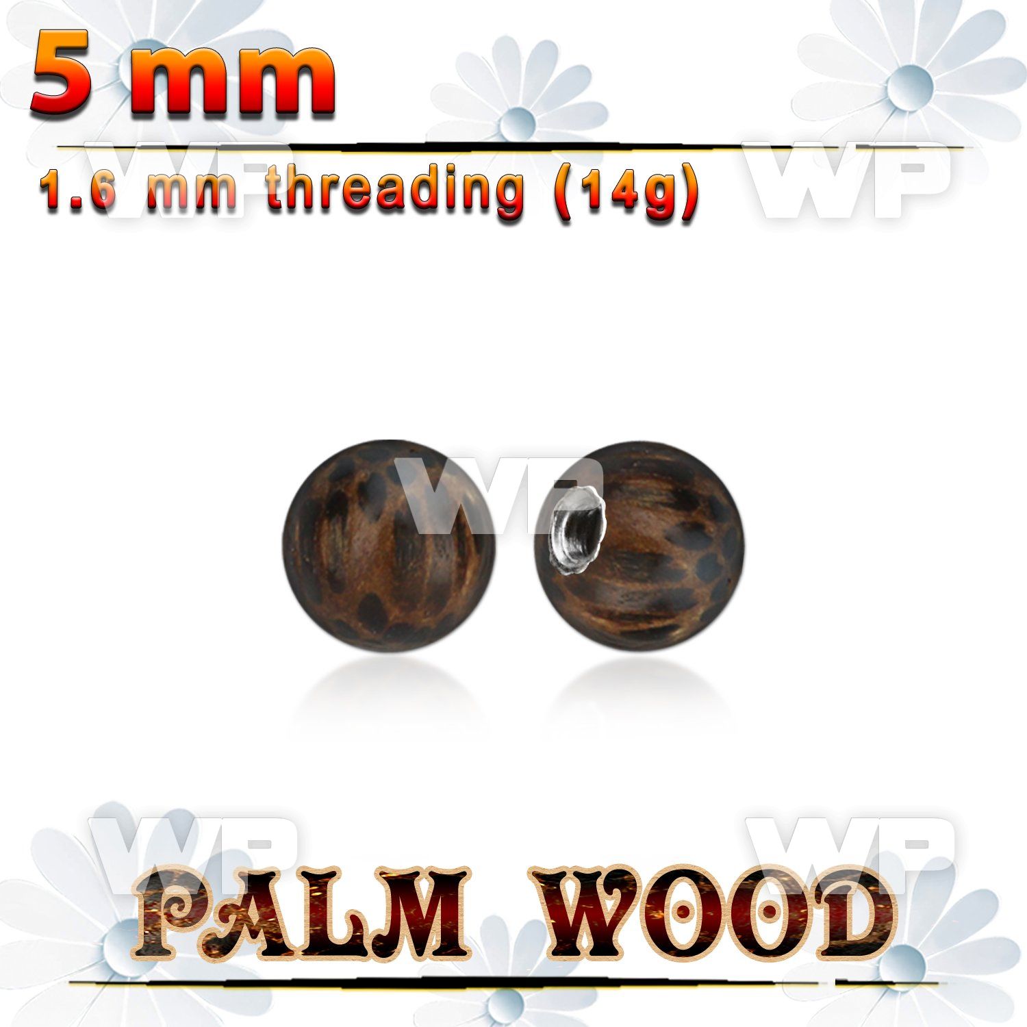 plball5 5mm palm wood ball with a 316l steel 1.6mm threading