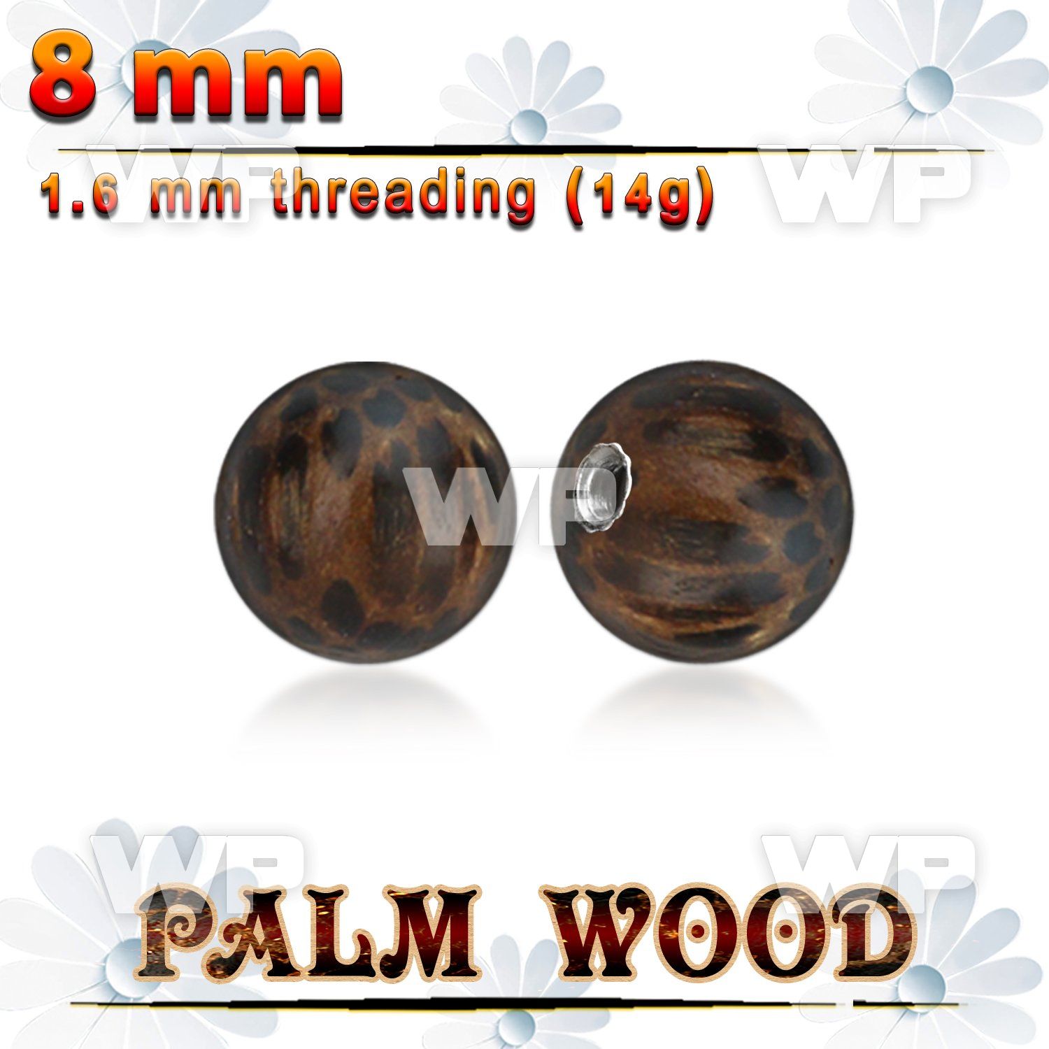 plball8 8mm palm wood ball with a 316l steel 1.6mm threading