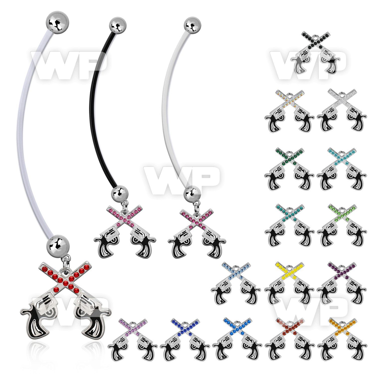 pnd750 pregnancy belly ring w dangling crossed crystal pistol