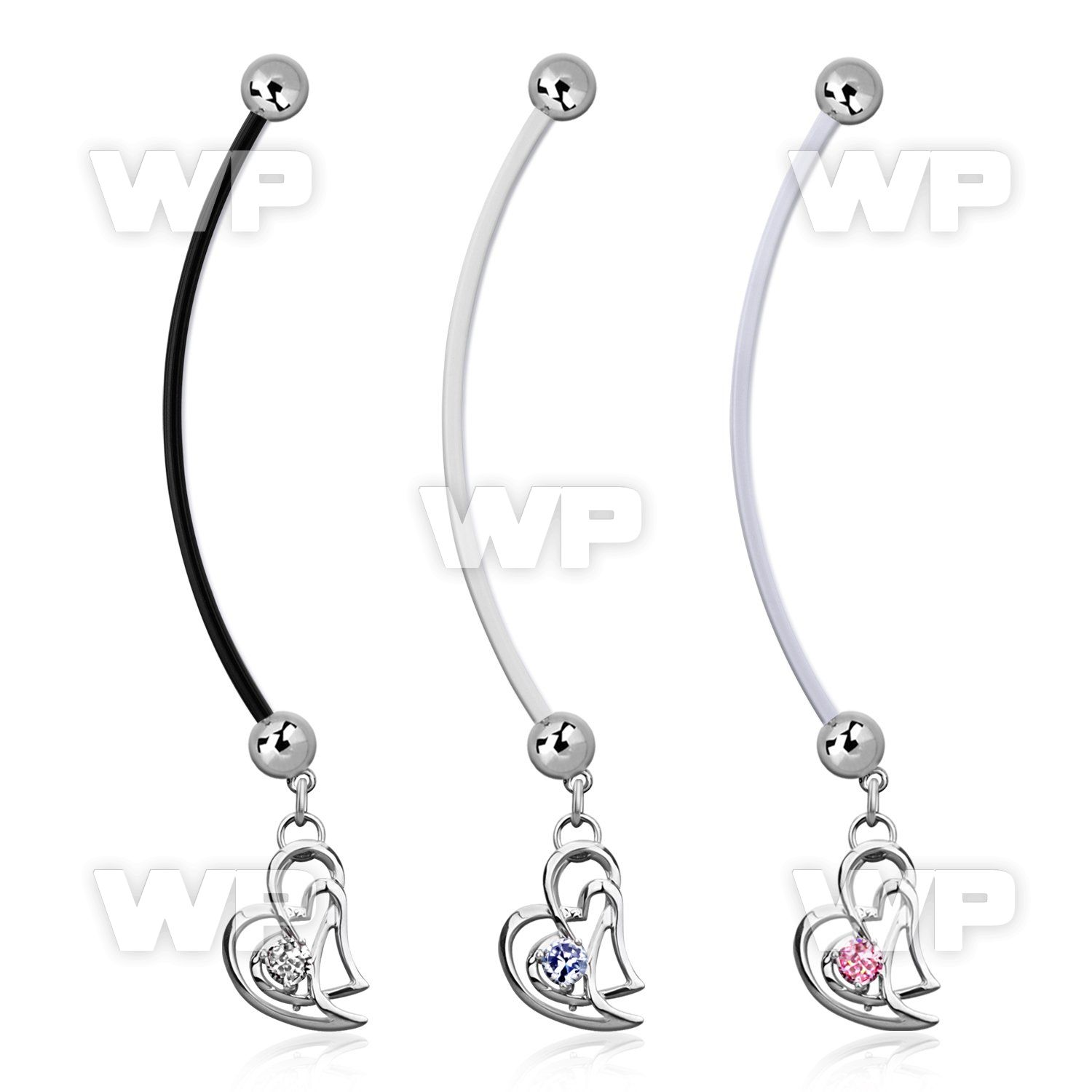 pndz373 pregnancy belly ring w dangling double heart w round cz