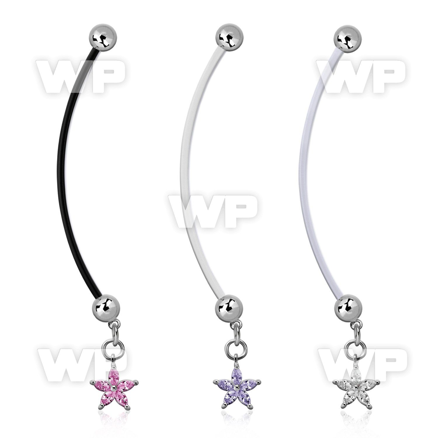pndz413 pregnancy belly ring w dangling flower w prong set cz