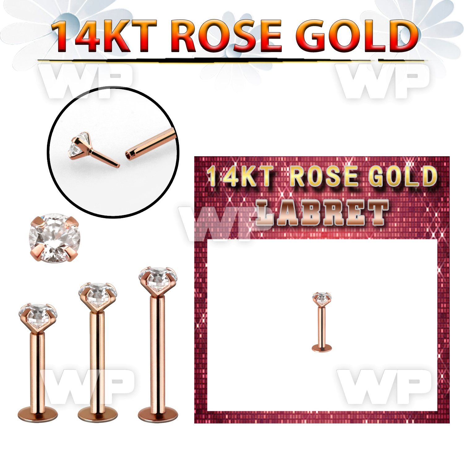 rlbz solid 14k rose gold labret w a clear 3mm cz stone