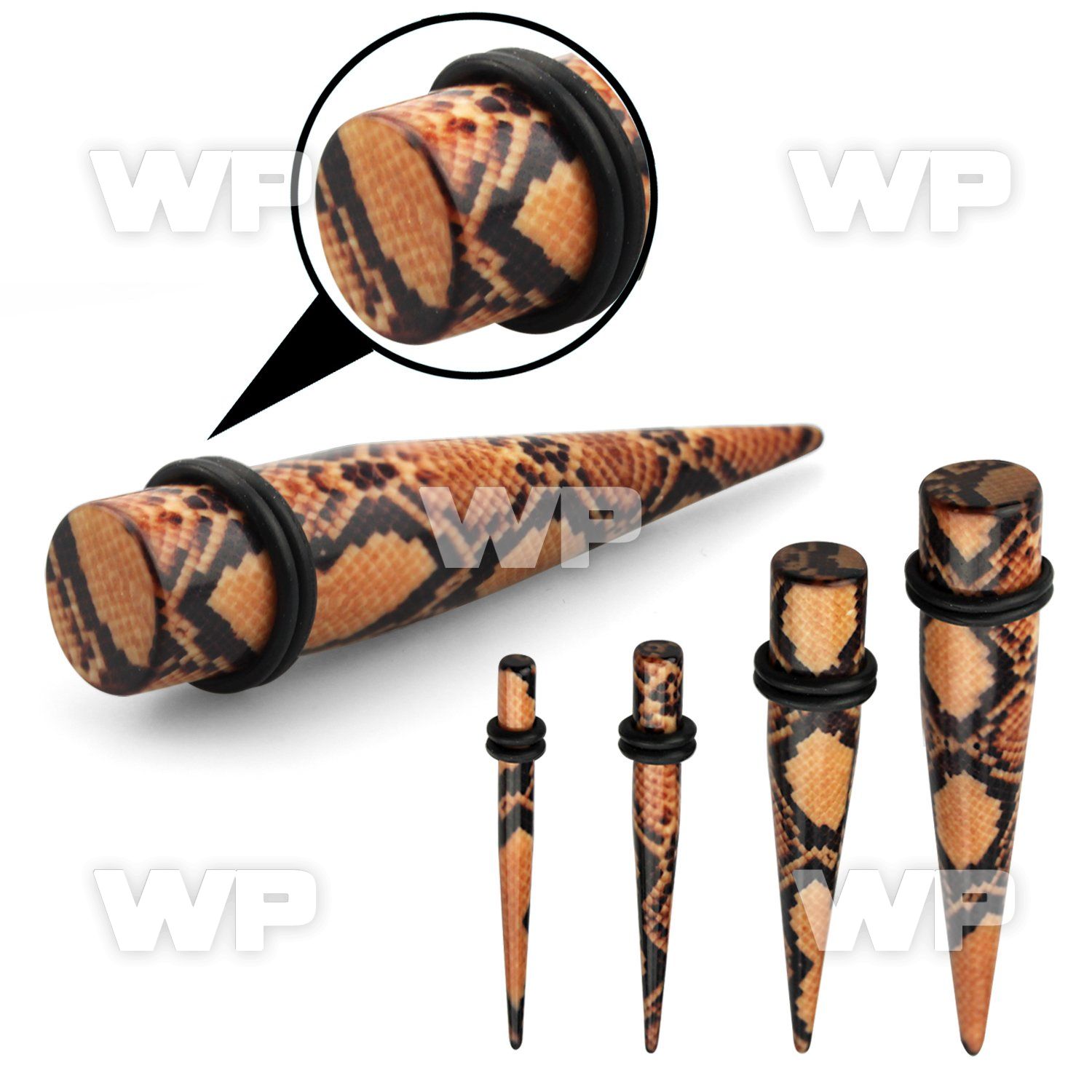 rm74a black acrylic taper hot printed snake skin pattern double ear lobe piercing