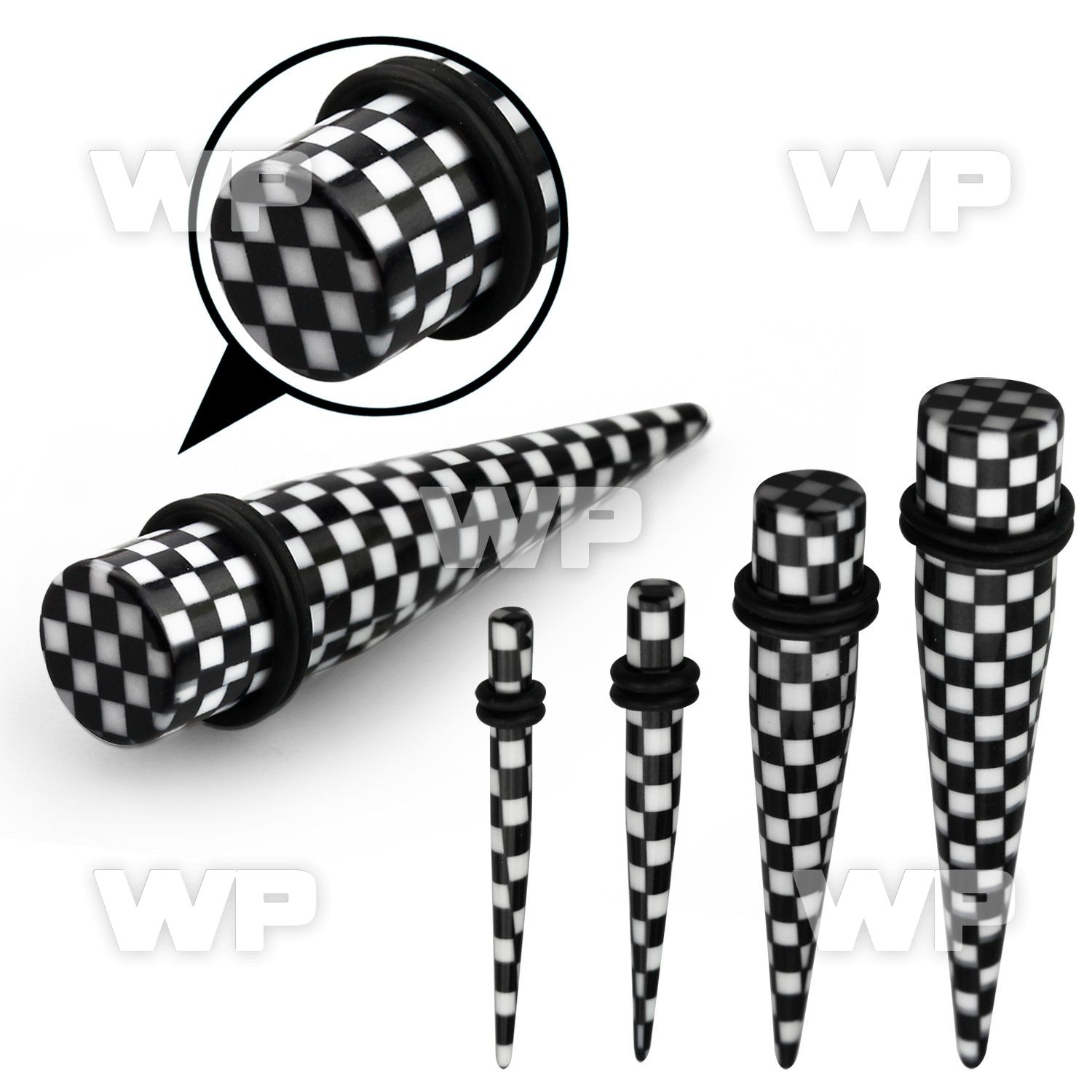 rm76a black acrylic taper hot printed black white checker pat ear lobe piercing