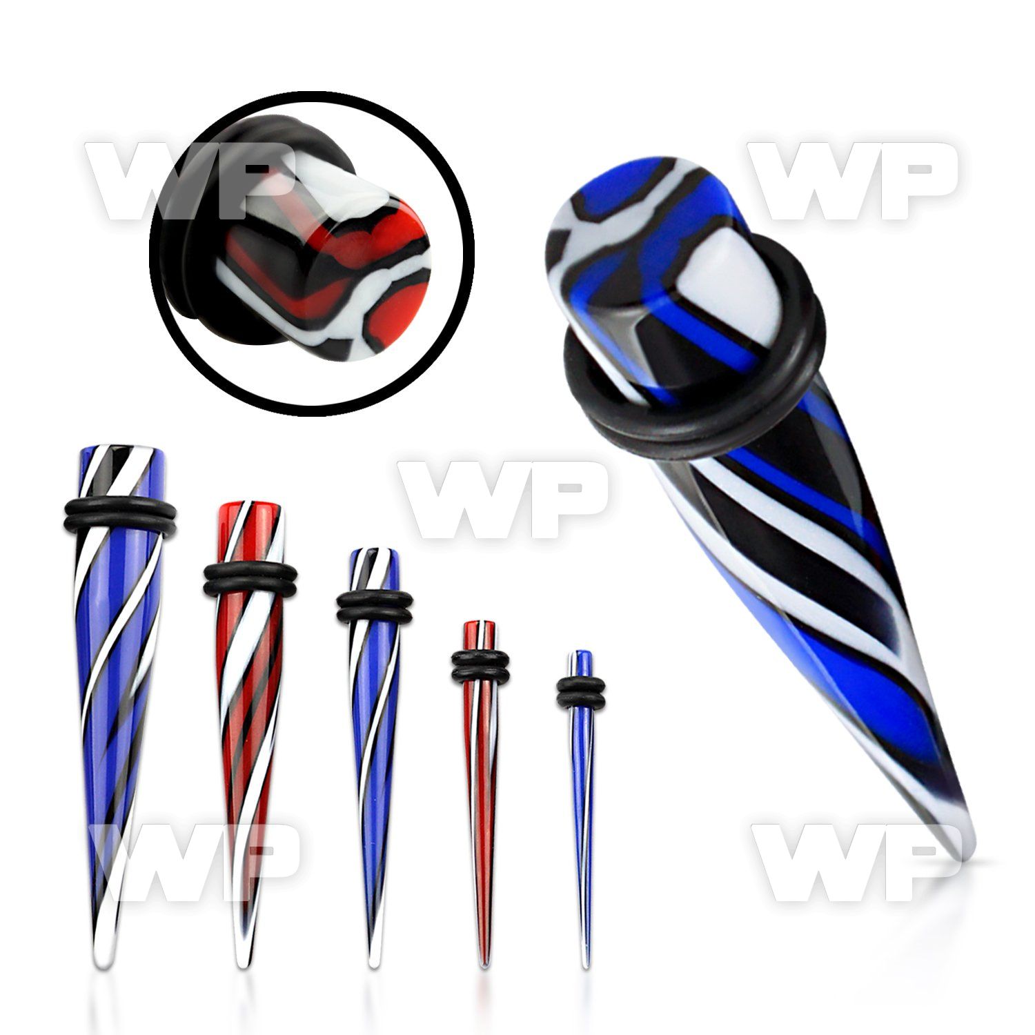 rmq7 acrylic uv taper in blue white black colored swirl double ear lobe piercing