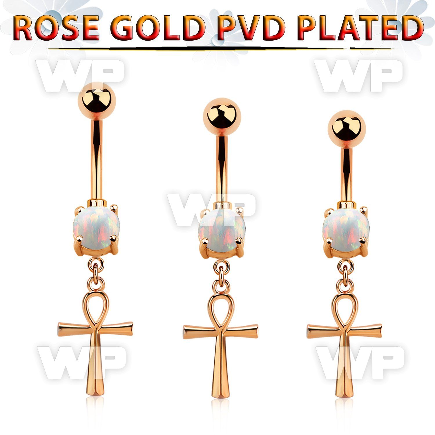 rose gold steel belly banana  opal & ankh cross 