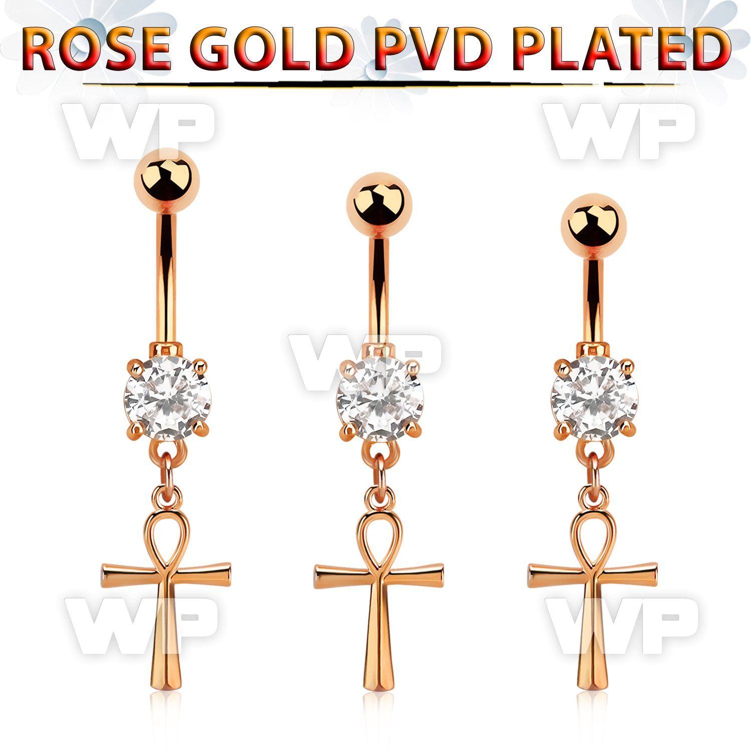 rose gold steel belly banana w cz & dangling ankh cross 
