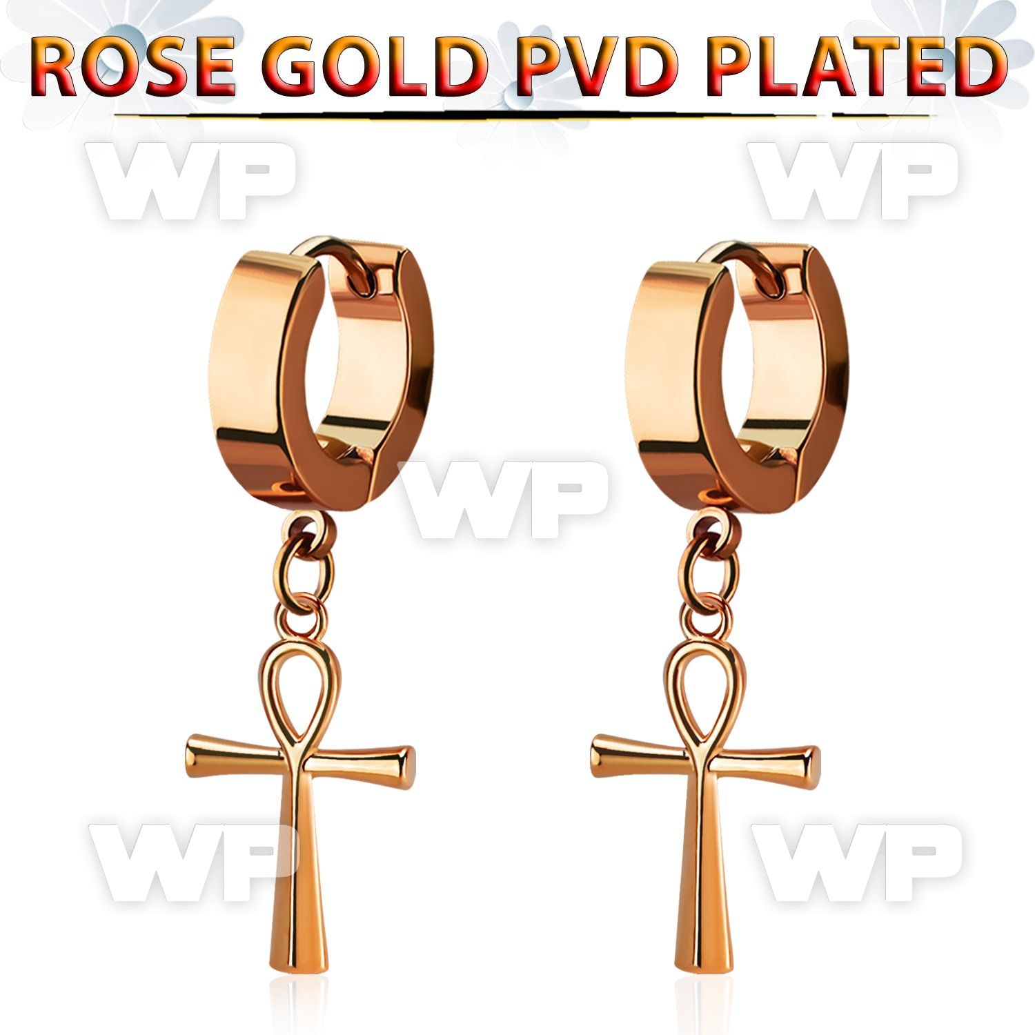 rose gold steel huggie earring w a dangling ankh cross 