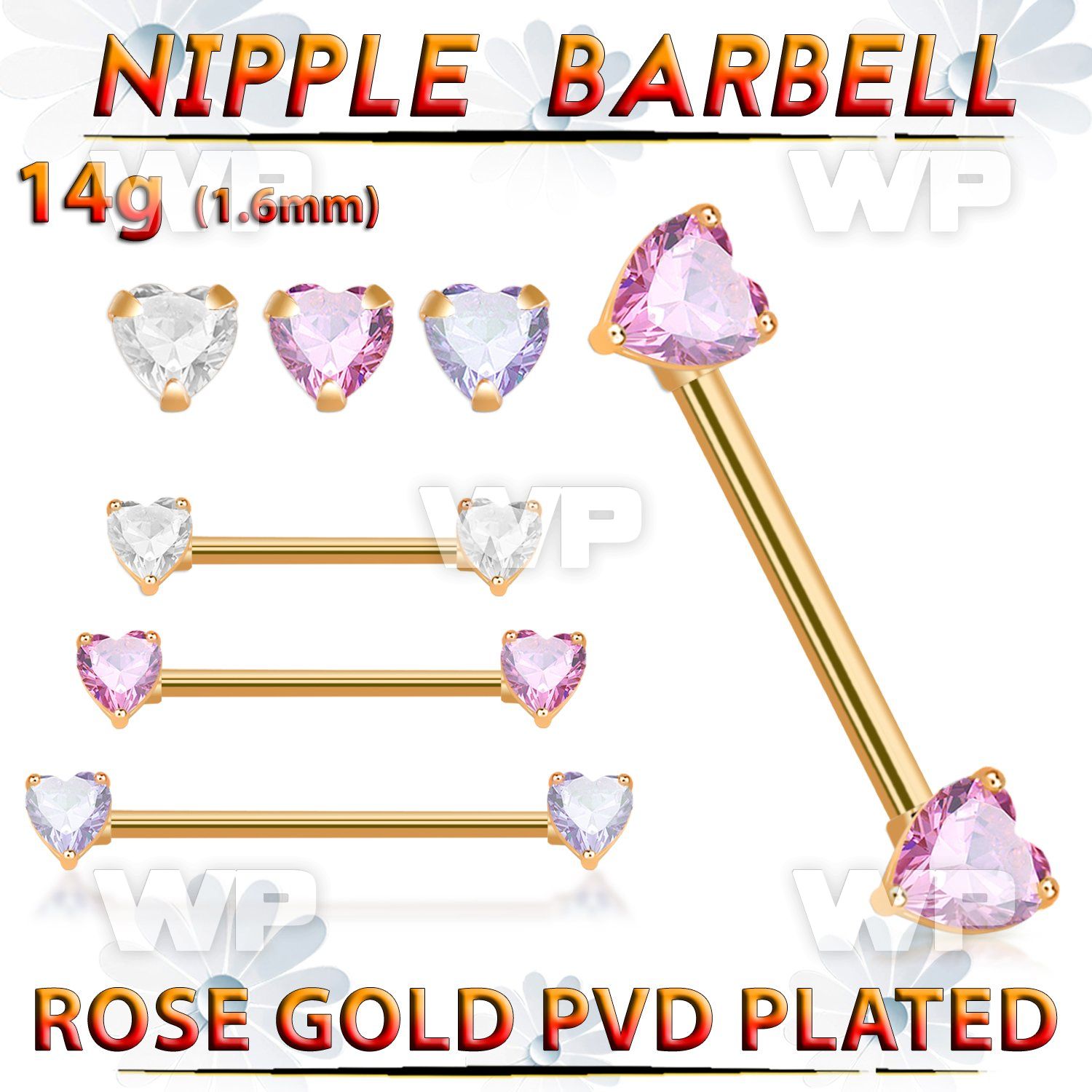 rose gold steel nipple barbell prong set heart shaped czs