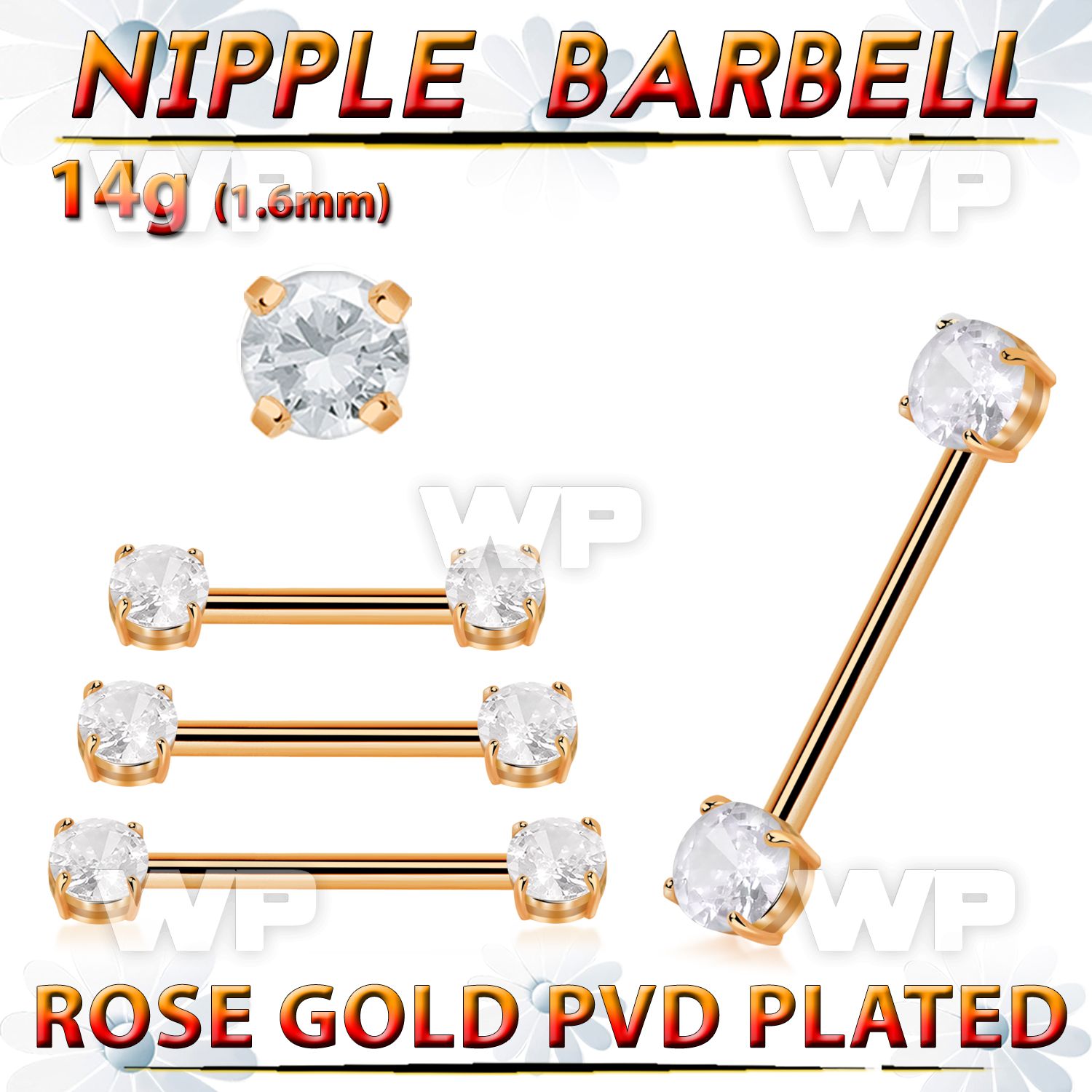 rose gold steel nipple barbell w prong set round czs