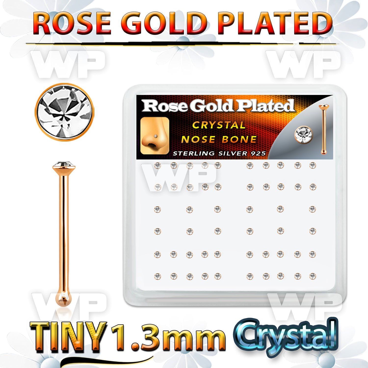 rsb6xc box rose gold silver nose bones w 1.25mm clear crystals