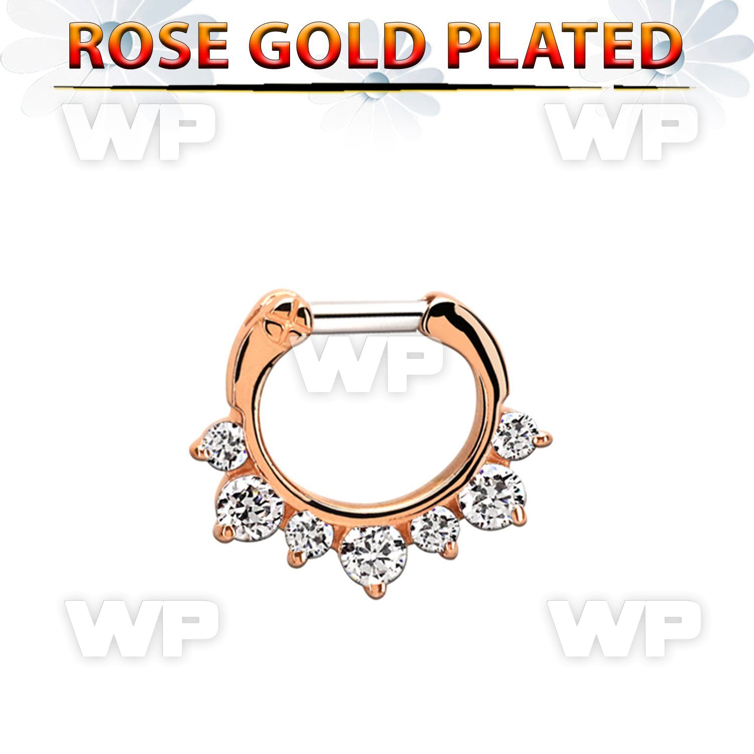 rseph14 rose gold silver septum clicker w 3 big + 4 smalls czs