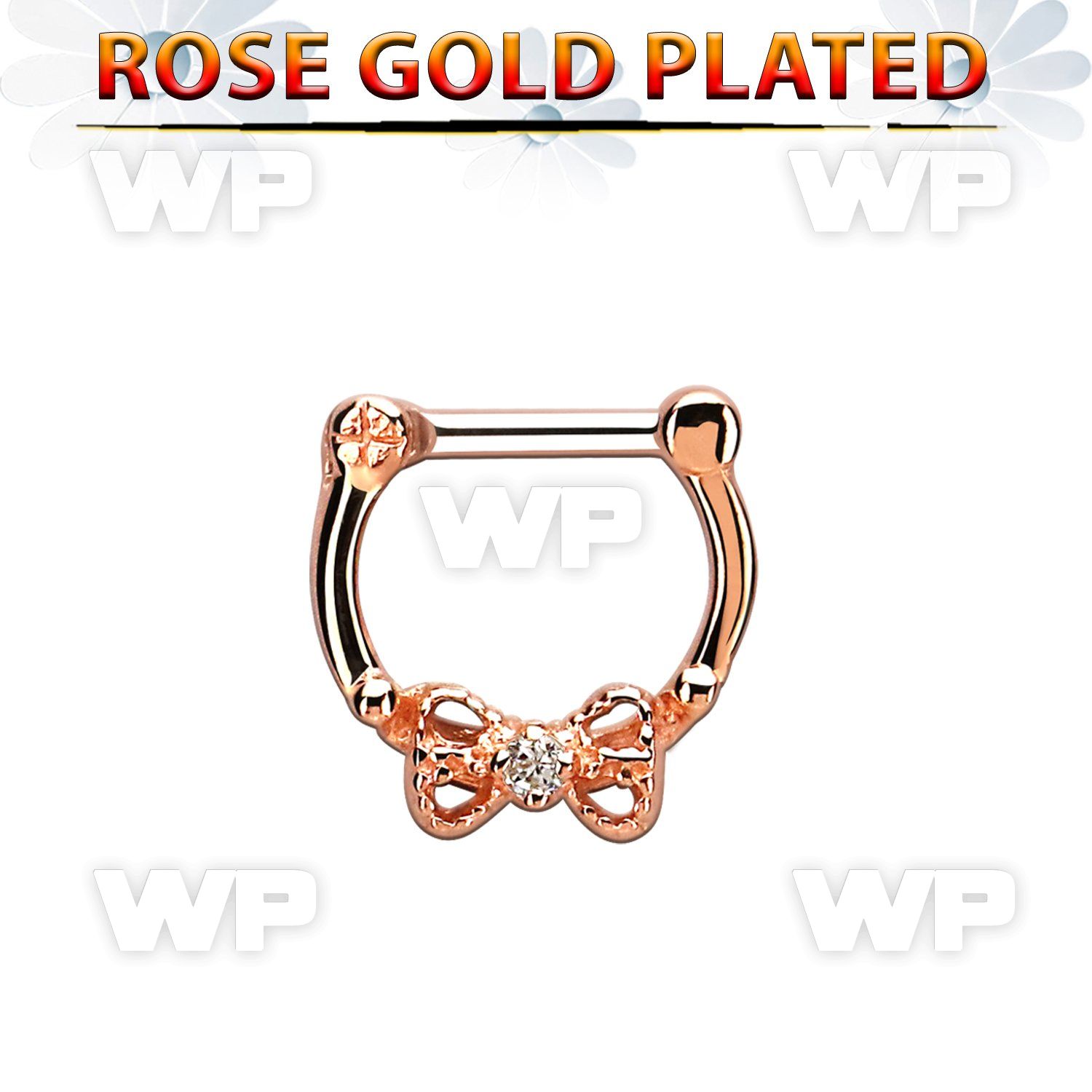rsepk14 rose gold plated silver septum clicker 14g w bow cz