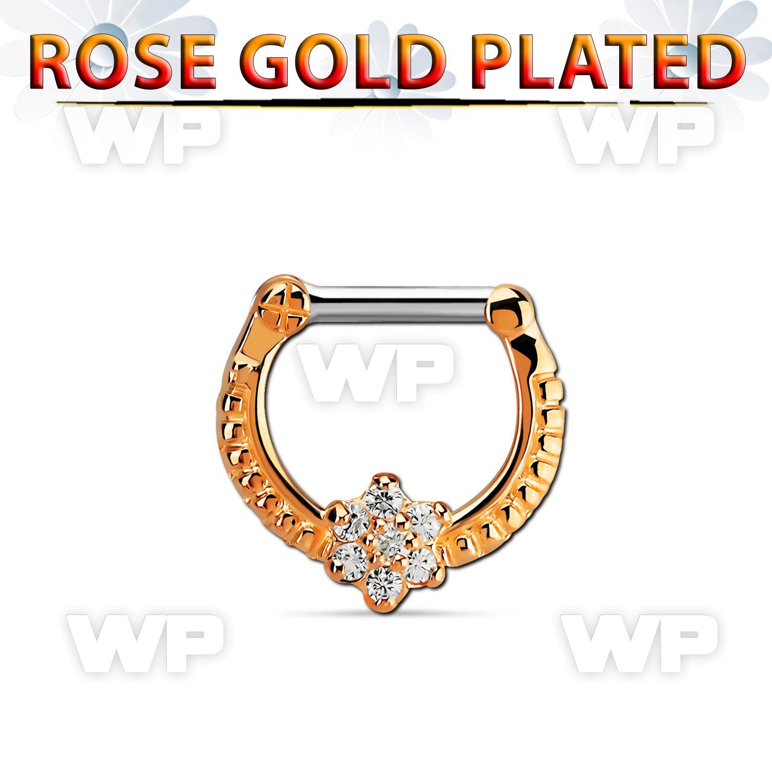 rsepr14 rose gold plated silver septum clicker, 14g w flower czs