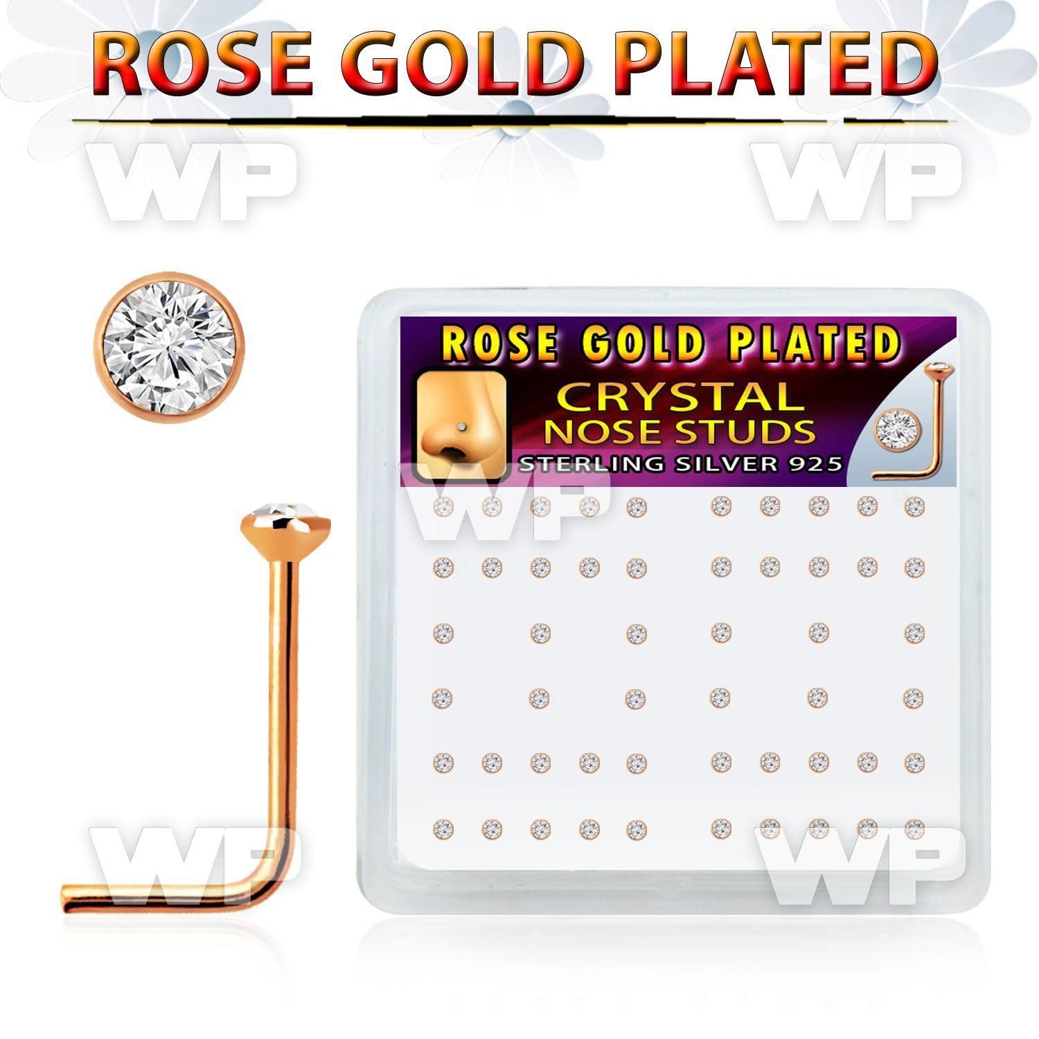 rss14xc rose gold plated silver nose studs w 2mm clear crystal