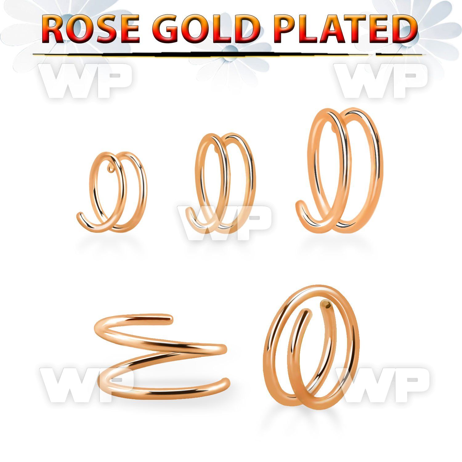 rsspr20 silver spiral nose ring, 20g w 18k rose gold plating